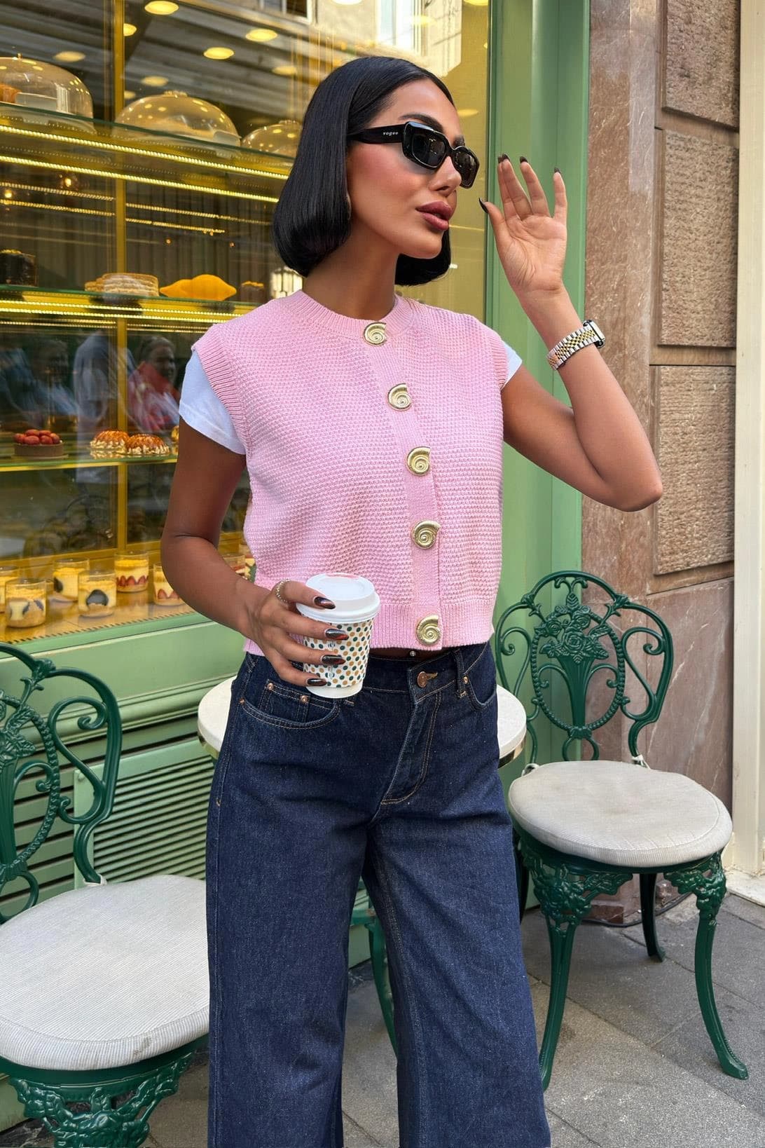 Pink Waffle Knit Sleeveless Cardigan Vest - Button Front Cropped Sweater - ana görsel