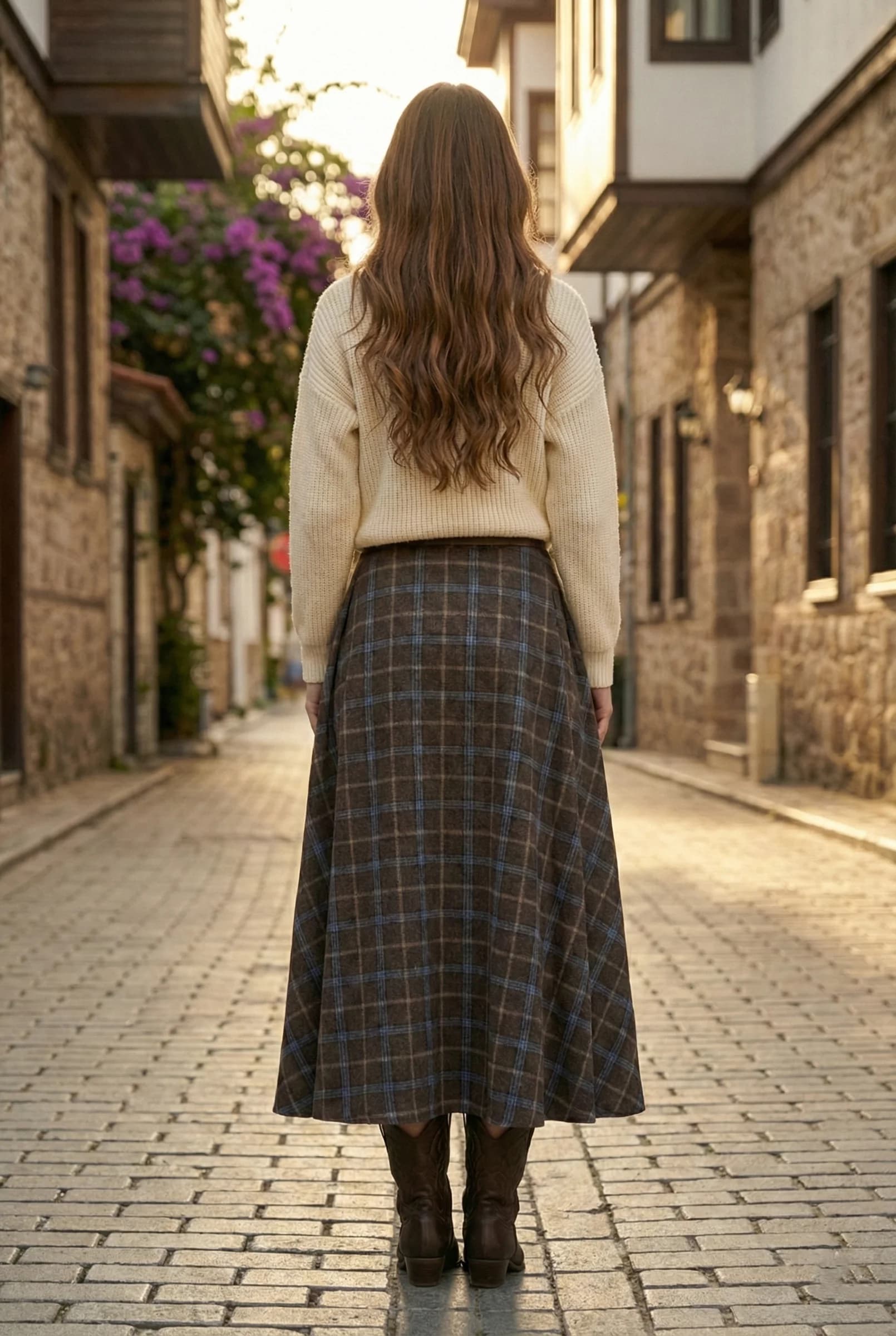 Plaid Wool Maxi Skirt with Side Slit | High Waisted Winter Tartan Skirt detailed view 7