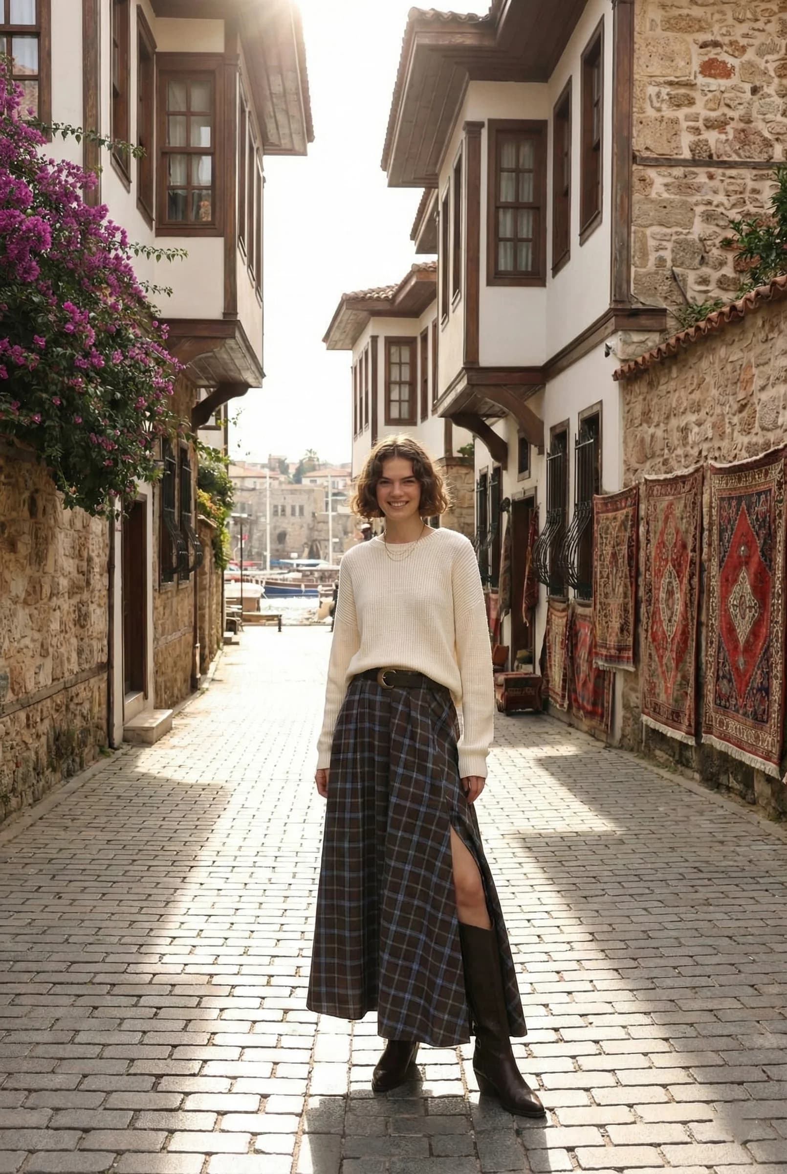 Plaid Wool Maxi Skirt with Side Slit | High Waisted Winter Tartan Skirt detailed view 2