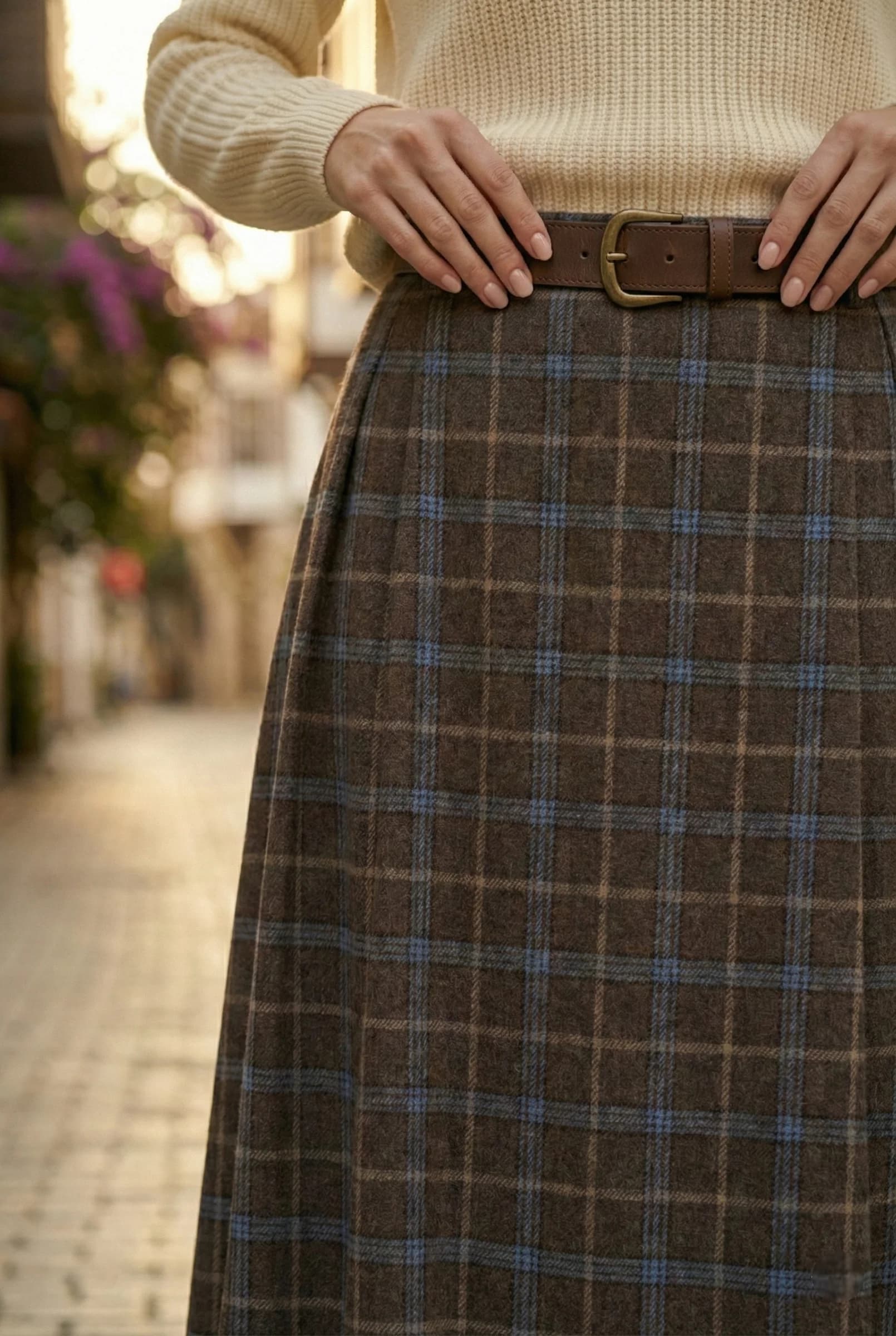 Plaid Wool Maxi Skirt with Side Slit | High Waisted Winter Tartan Skirt detailed view 3