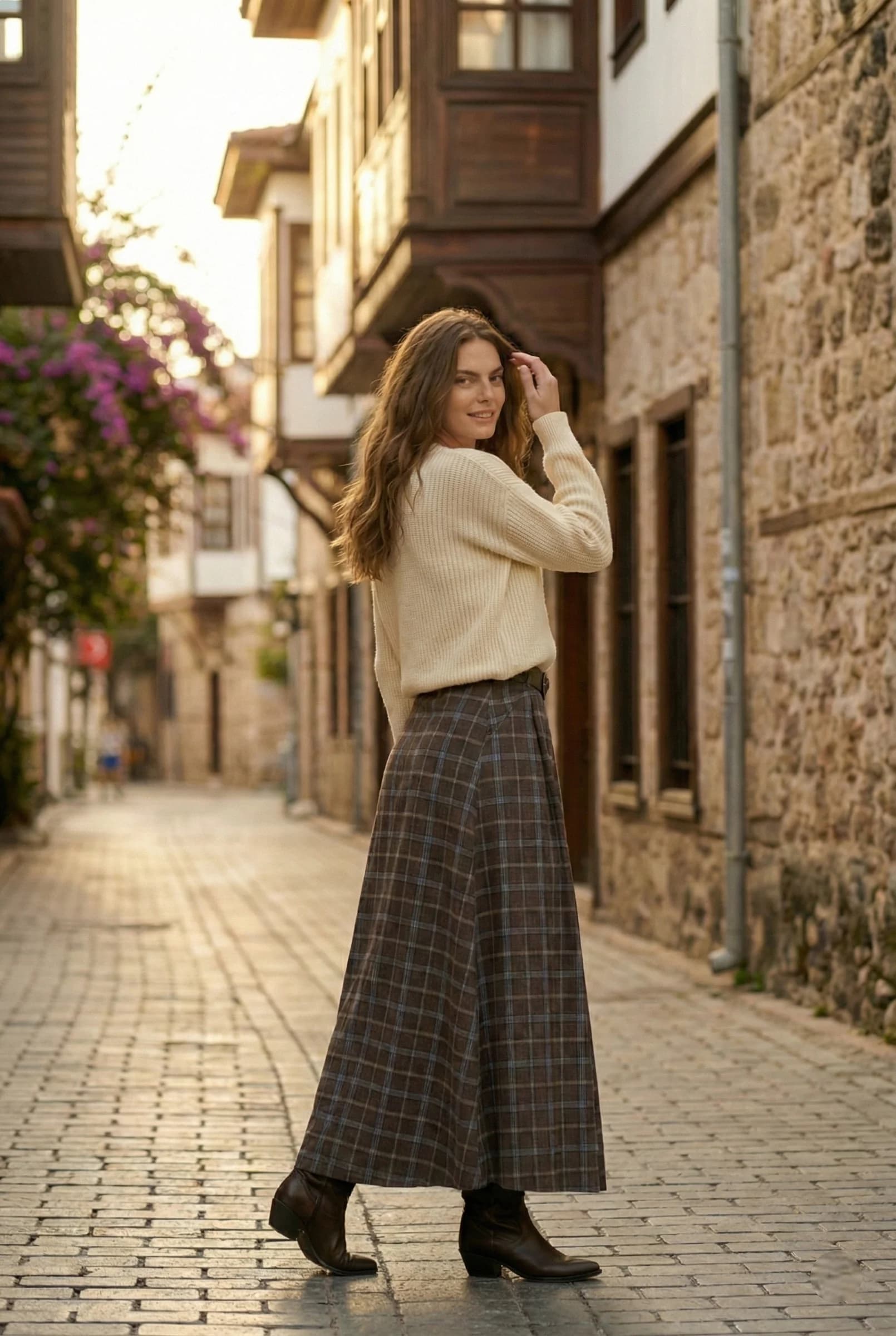 Plaid Wool Maxi Skirt with Side Slit | High Waisted Winter Tartan Skirt detailed view 4