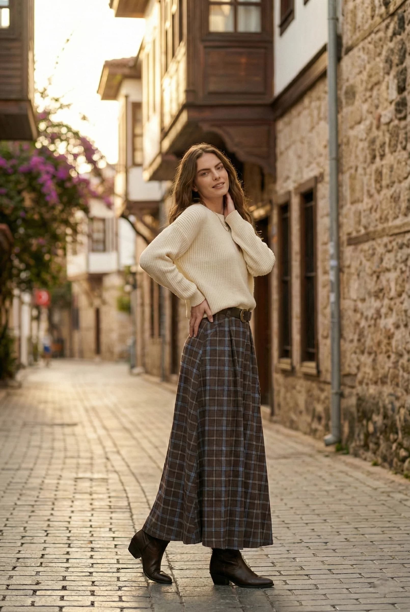 Plaid Wool Maxi Skirt with Side Slit | High Waisted Winter Tartan Skirt detailed view 5