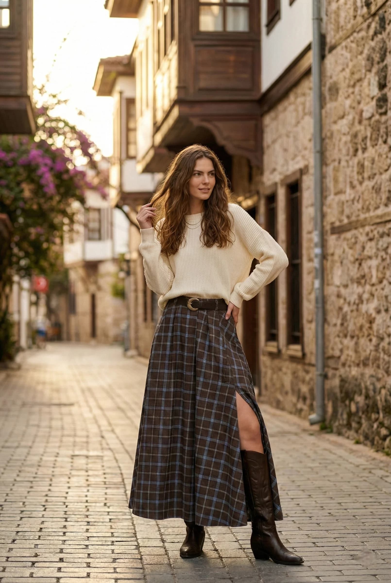 Plaid Wool Maxi Skirt with Side Slit | High Waisted Winter Tartan Skirt