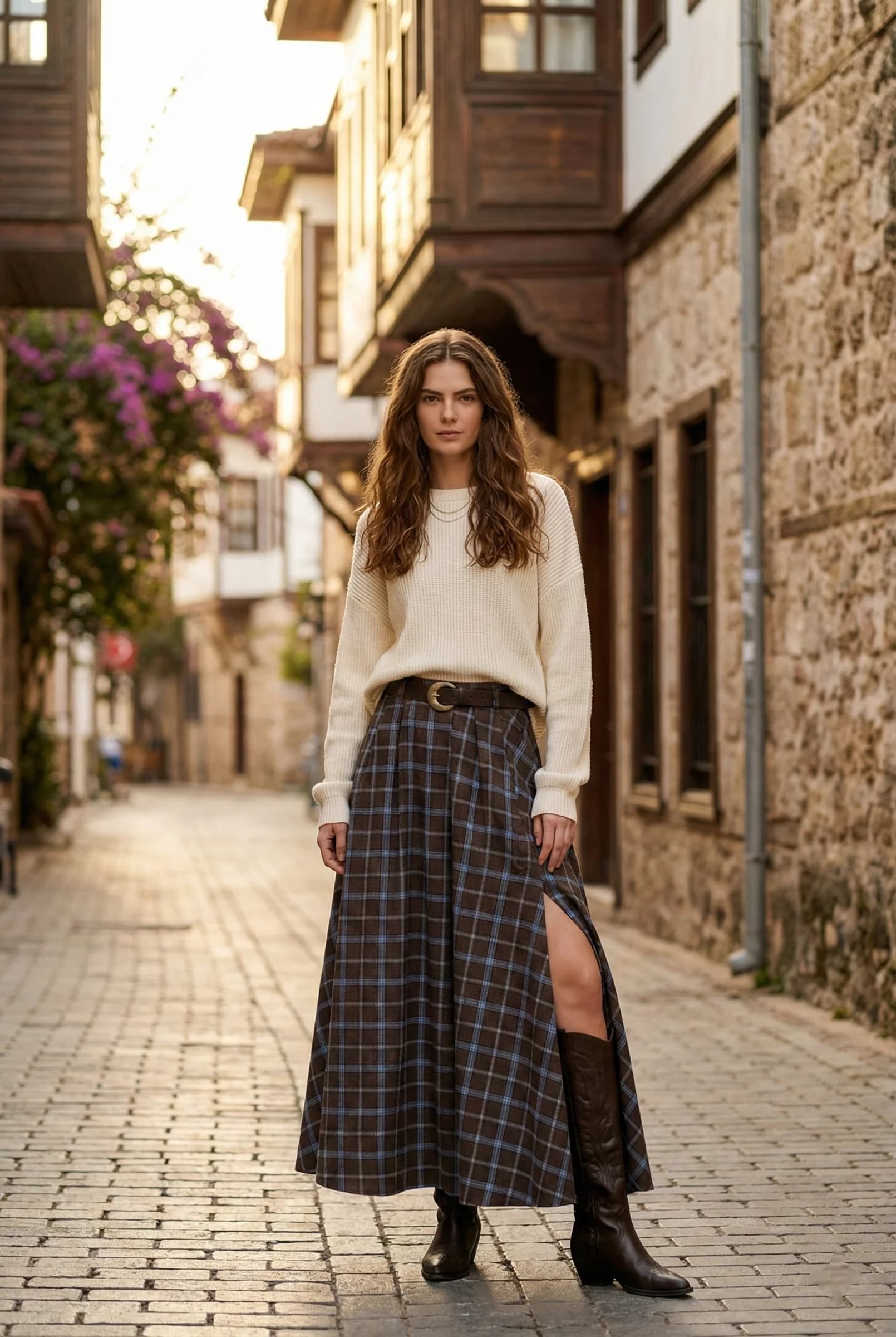 Plaid Wool Maxi Skirt with Side Slit | High Waisted Winter Tartan Skirt detailed view 6