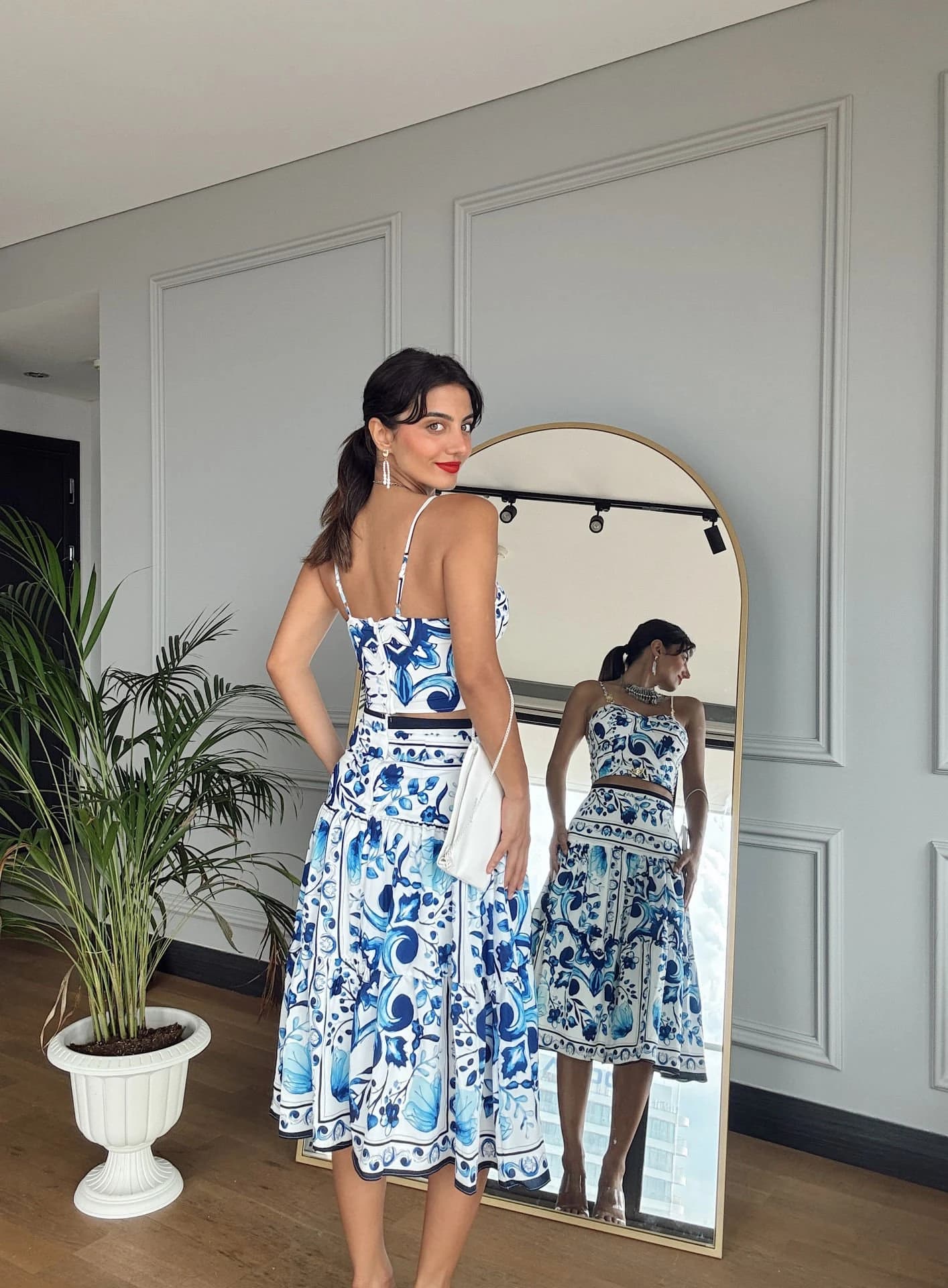 Porcelian Print Floral Two Piece Set - Crop Top Midi Skirt Set detailed view 2