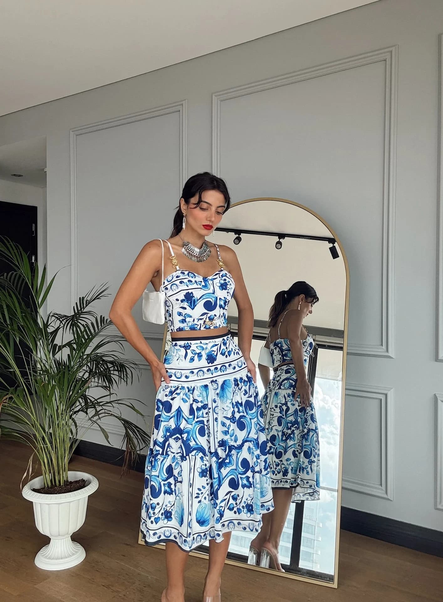 Porcelian Print Floral Two Piece Set - Crop Top Midi Skirt Set detailed view 3