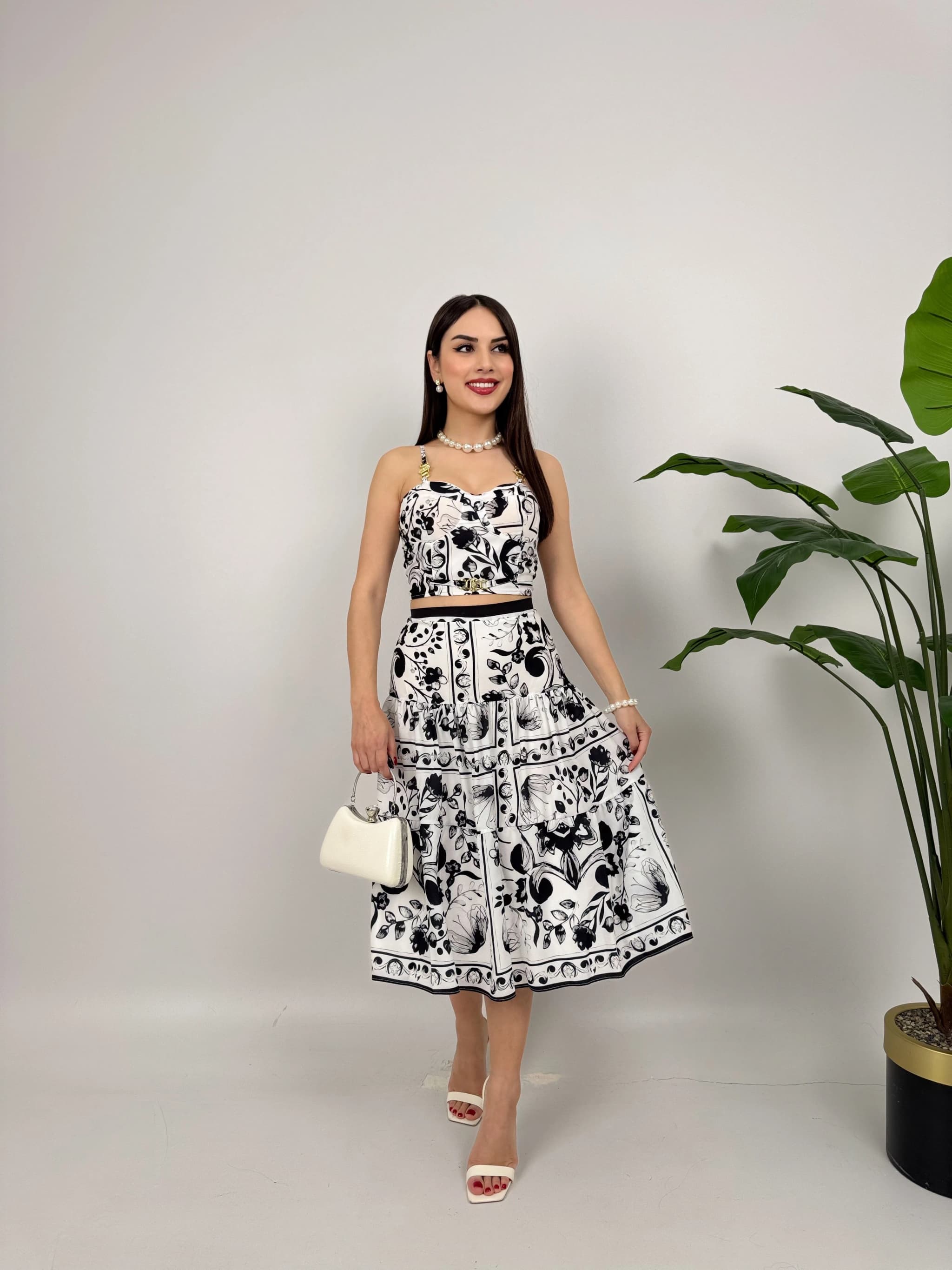 Porcelian Print Floral Two Piece Set - Crop Top Midi Skirt Set detailed view 6