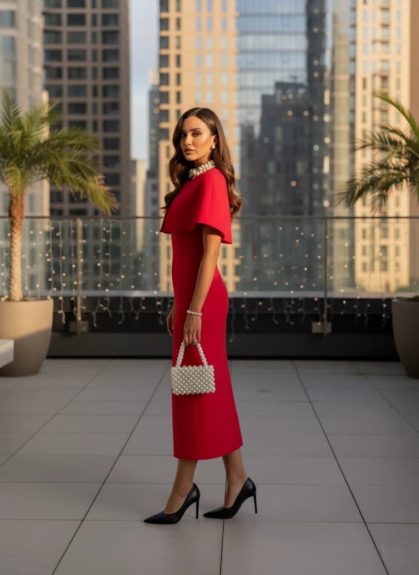 Vibrant scarlet calf-length sheath with winged shoulder detail, worn with a pearl collar and accessories in a city se...