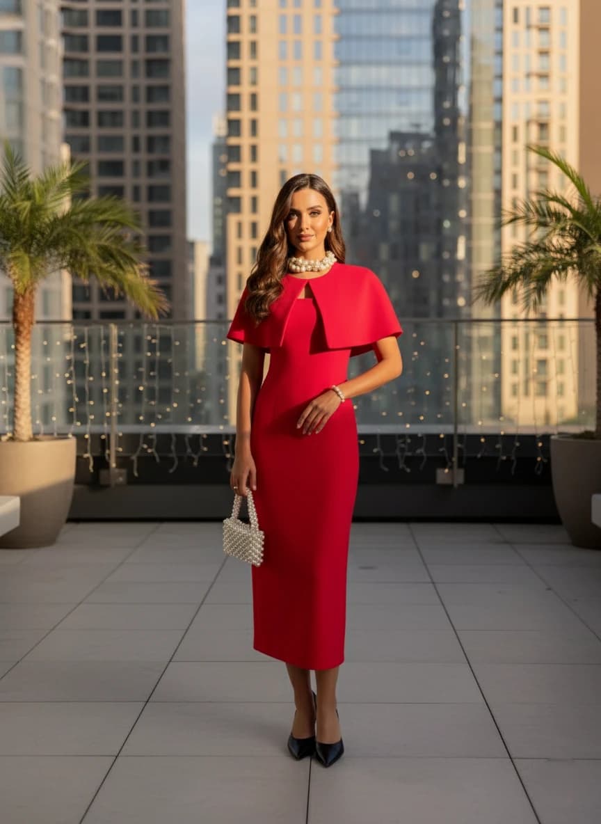 Red Cape Sleeve Midi Dress | Waterfall Cocktail Gown