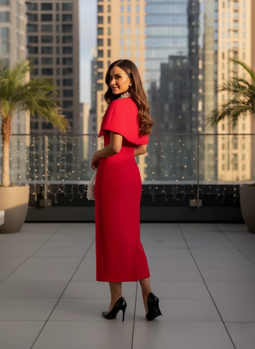 Crimson streamlined gown with flowing capelet upper, reaching midi length, chic for city celebrations.