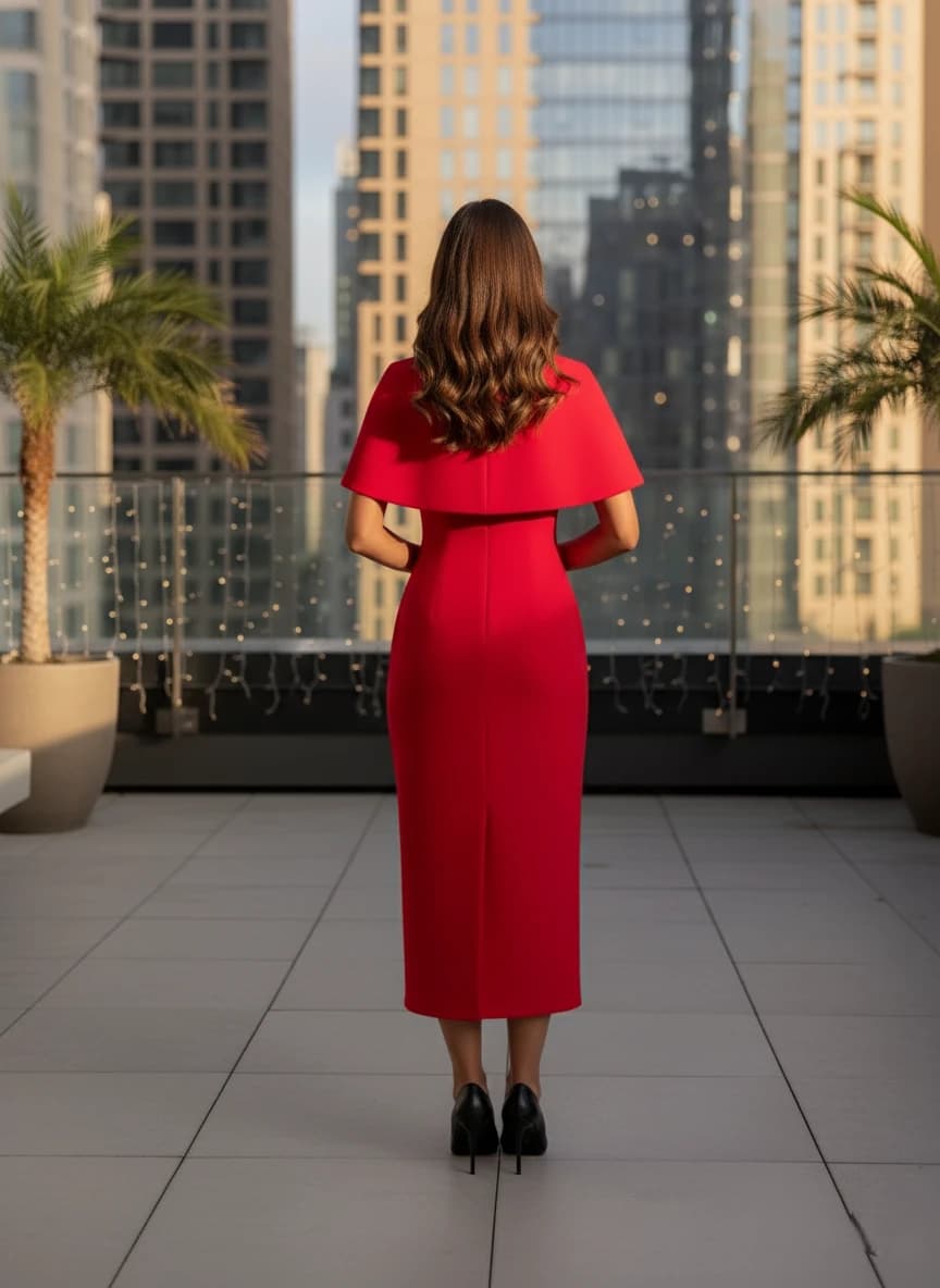 From behind, bold vermilion attire with a figure-hugging profile, featuring a distinct circular back drape, below-kne...