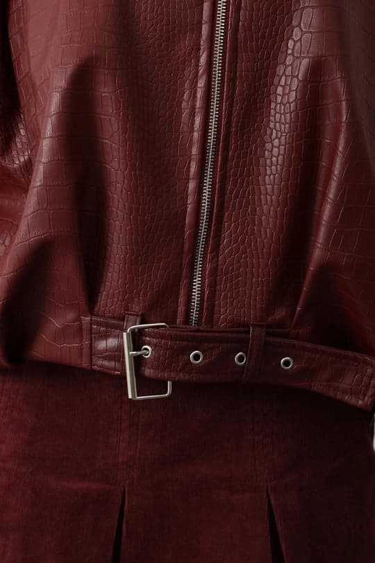 Red Croc Embossed Faux Leather Jacket with Belt – Oversized Women’s Outerwear, Trendy Fall Winter Street Style Coat - ana görsel