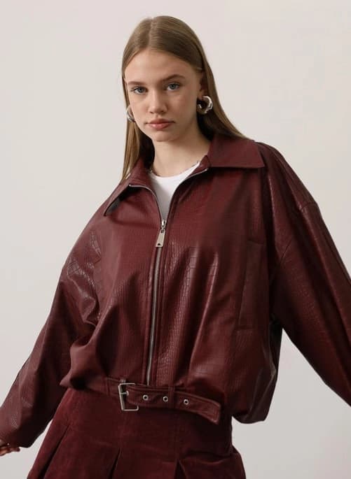 Red Croc Embossed Faux Leather Jacket with Belt – Oversized Women’s Outerwear, Trendy Fall Winter Street Style Coat - görsel 2