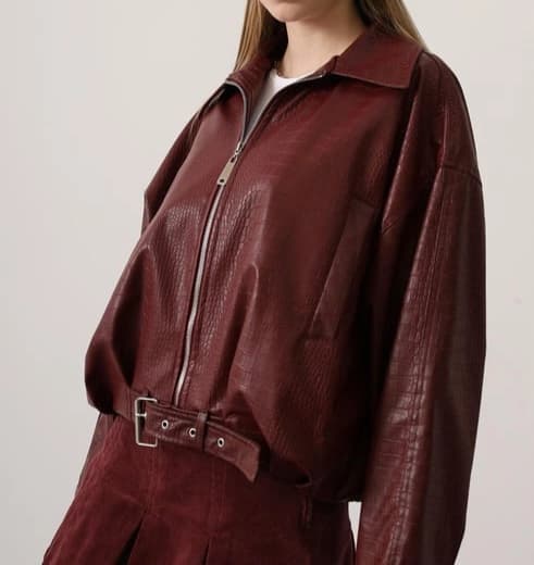 Red Croc Embossed Faux Leather Jacket with Belt – Oversized Women’s Outerwear, Trendy Fall Winter Street Style Coat