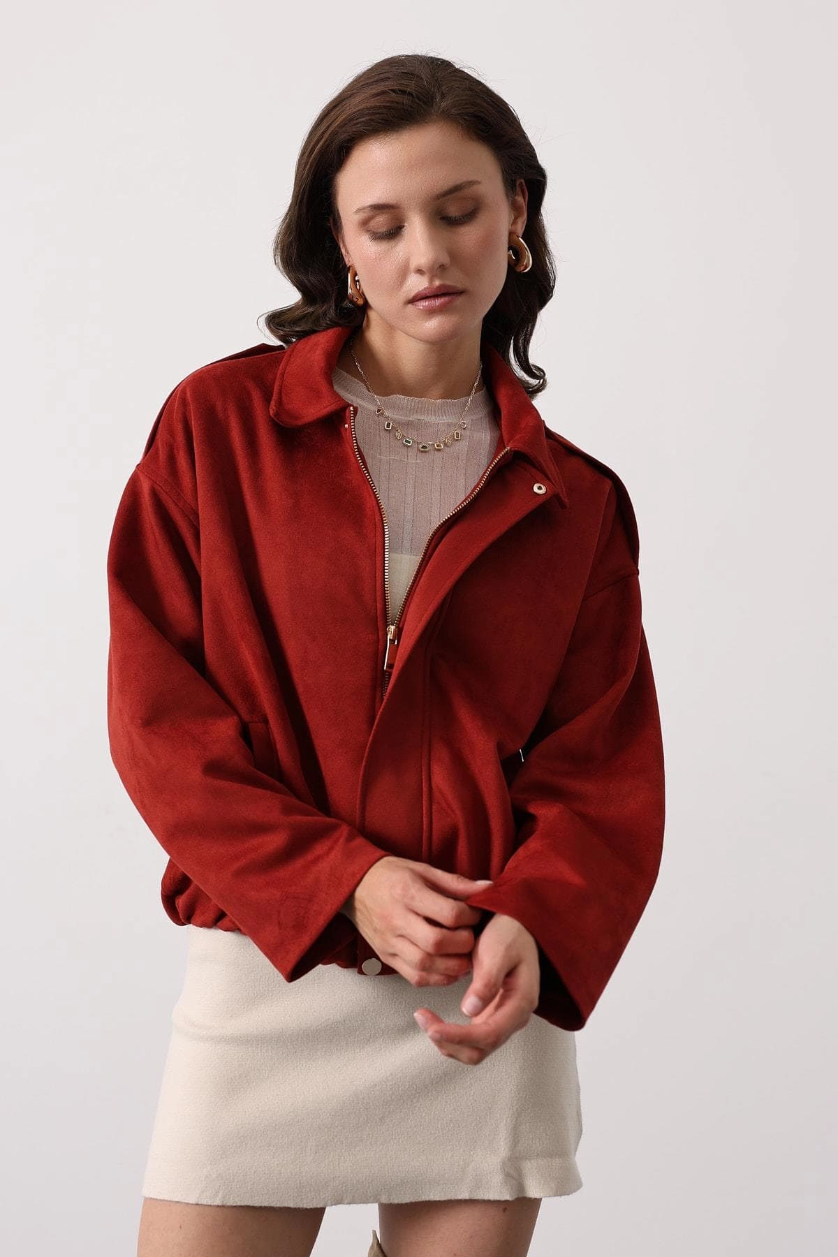 Rust Suede Bomber Jacket, Oversized Collared Shirt Jacket for Women, Vintage 90s Style Lightweight Fall Outerwear, Minimalist Streetwear - görsel 2