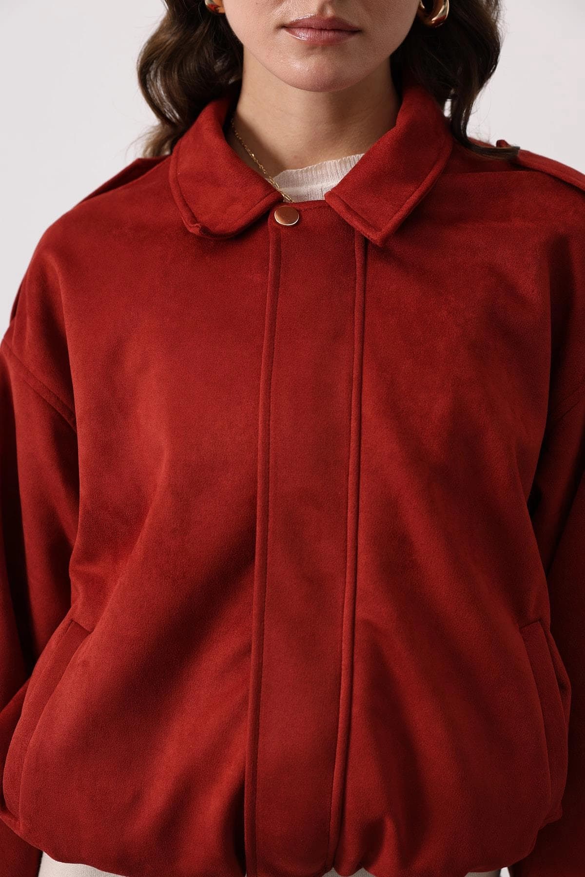 Rust Suede Bomber Jacket, Oversized Collared Shirt Jacket for Women, Vintage 90s Style Lightweight Fall Outerwear, Minimalist Streetwear - görsel 3