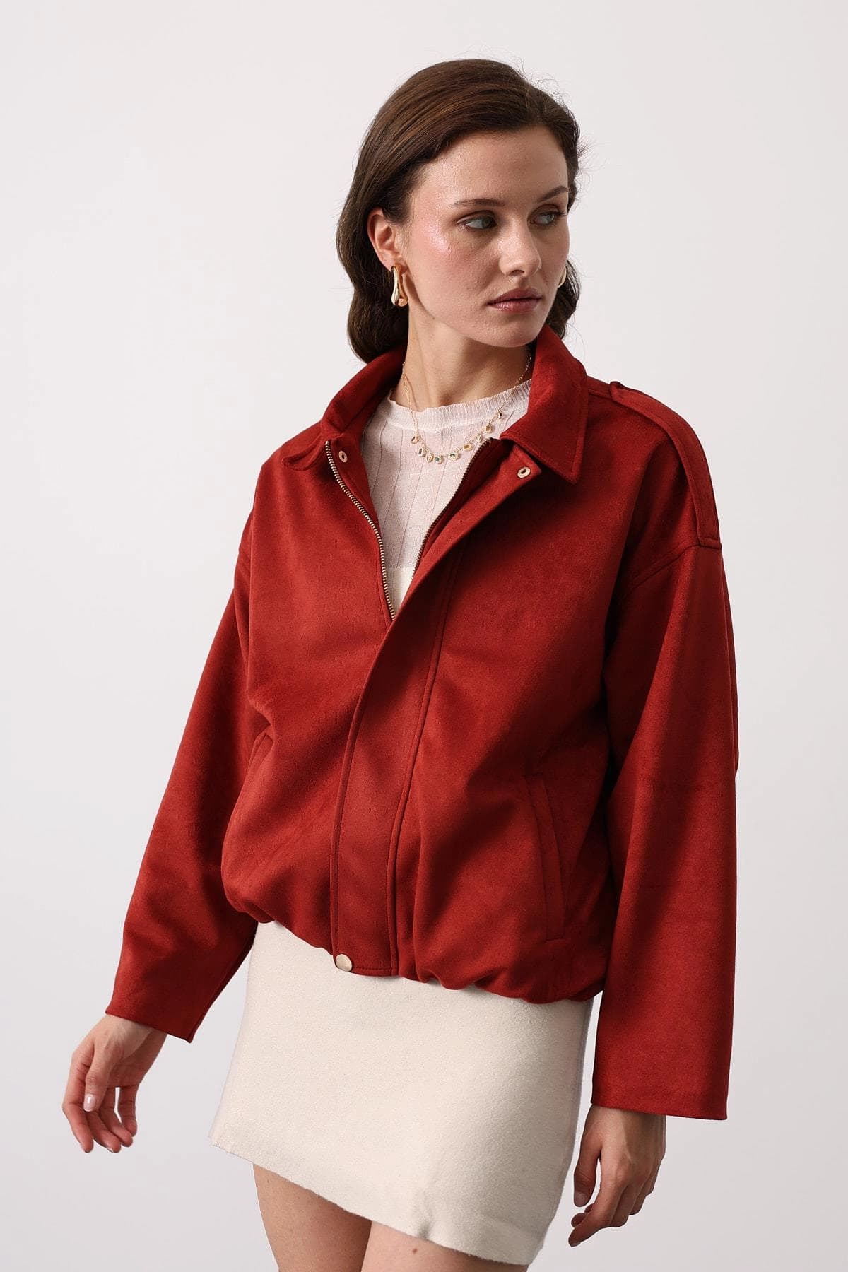 Rust Suede Bomber Jacket, Oversized Collared Shirt Jacket for Women, Vintage 90s Style Lightweight Fall Outerwear, Minimalist Streetwear - görsel 4