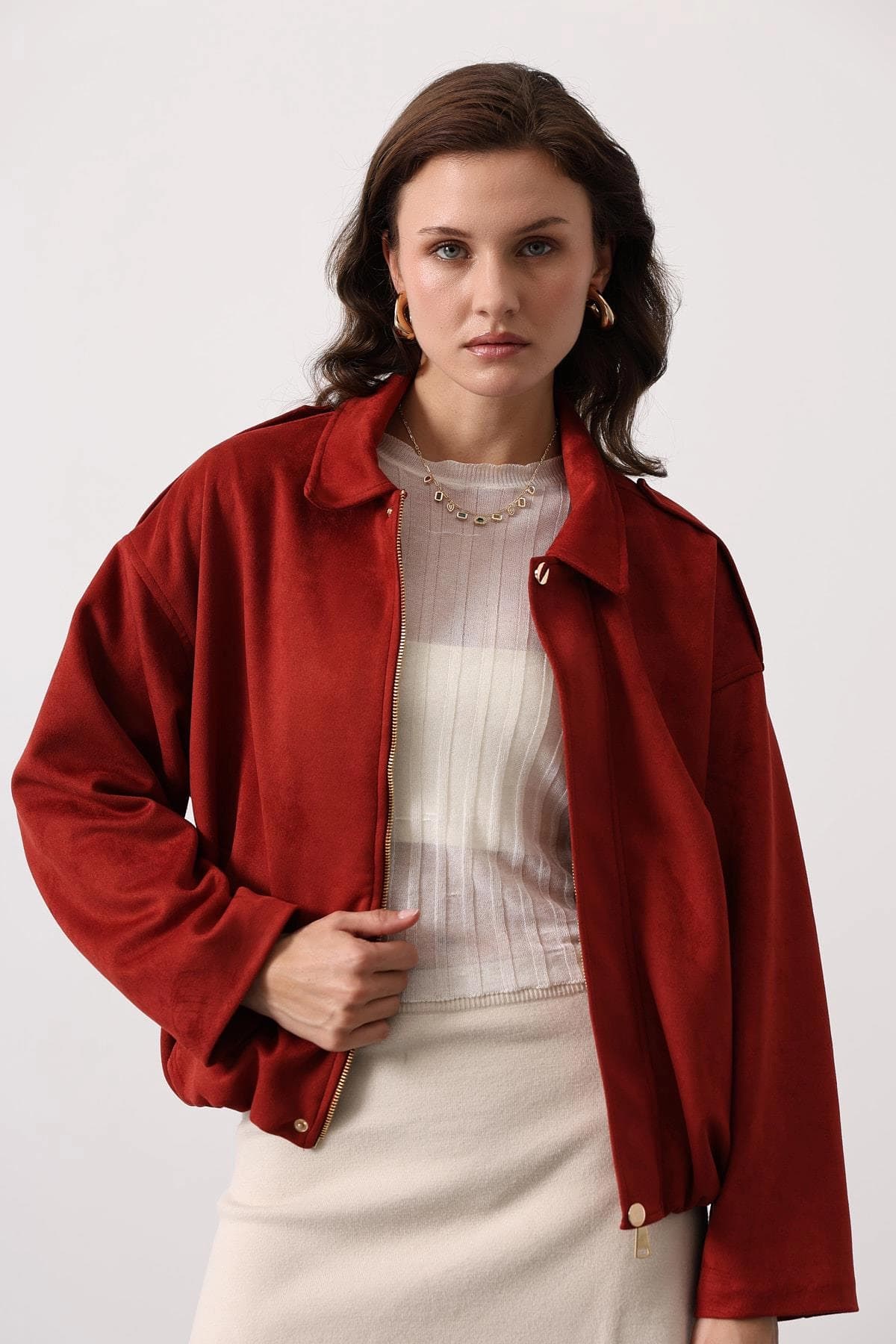 Rust Suede Bomber Jacket, Oversized Collared Shirt Jacket for Women, Vintage 90s Style Lightweight Fall Outerwear, Minimalist Streetwear - görsel 5