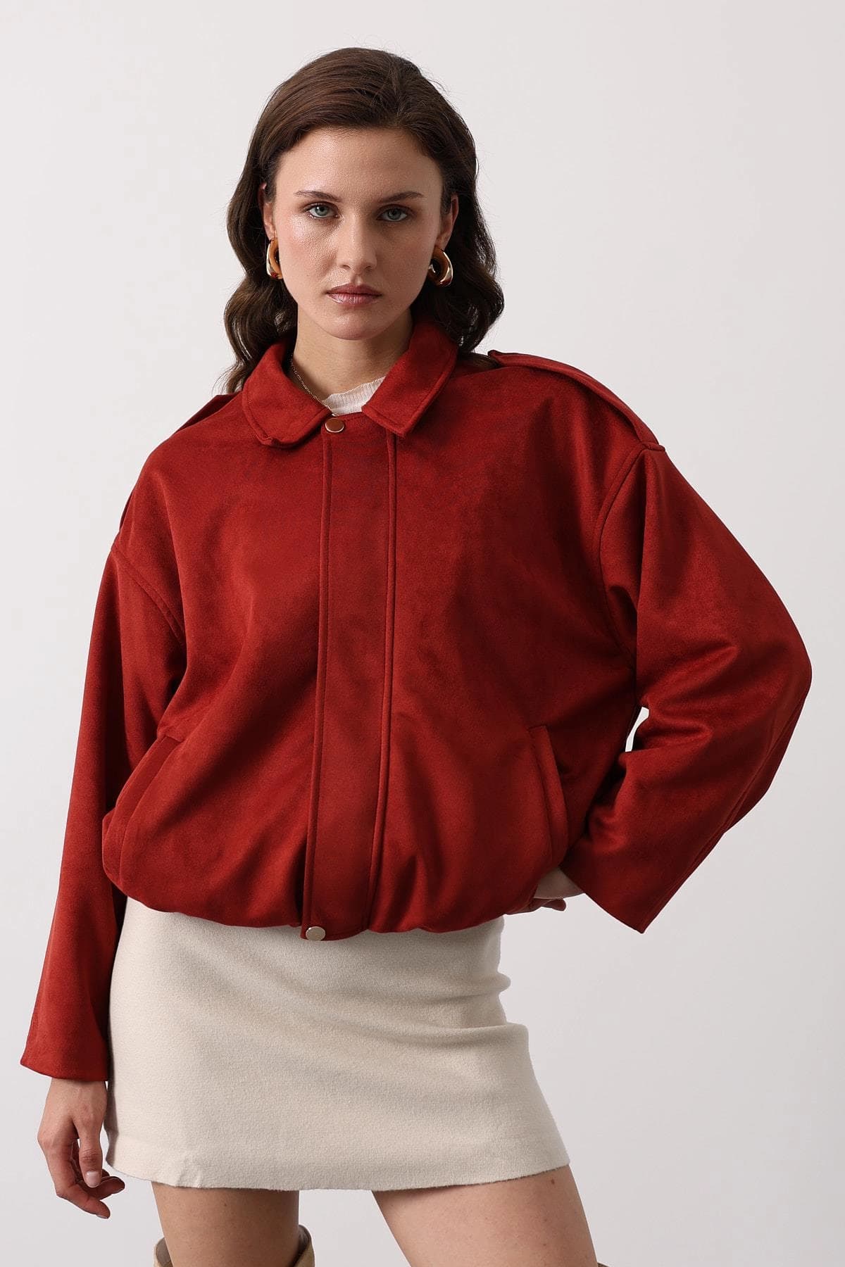 Rust Suede Bomber Jacket, Oversized Collared Shirt Jacket for Women, Vintage 90s Style Lightweight Fall Outerwear, Minimalist Streetwear - ana görsel