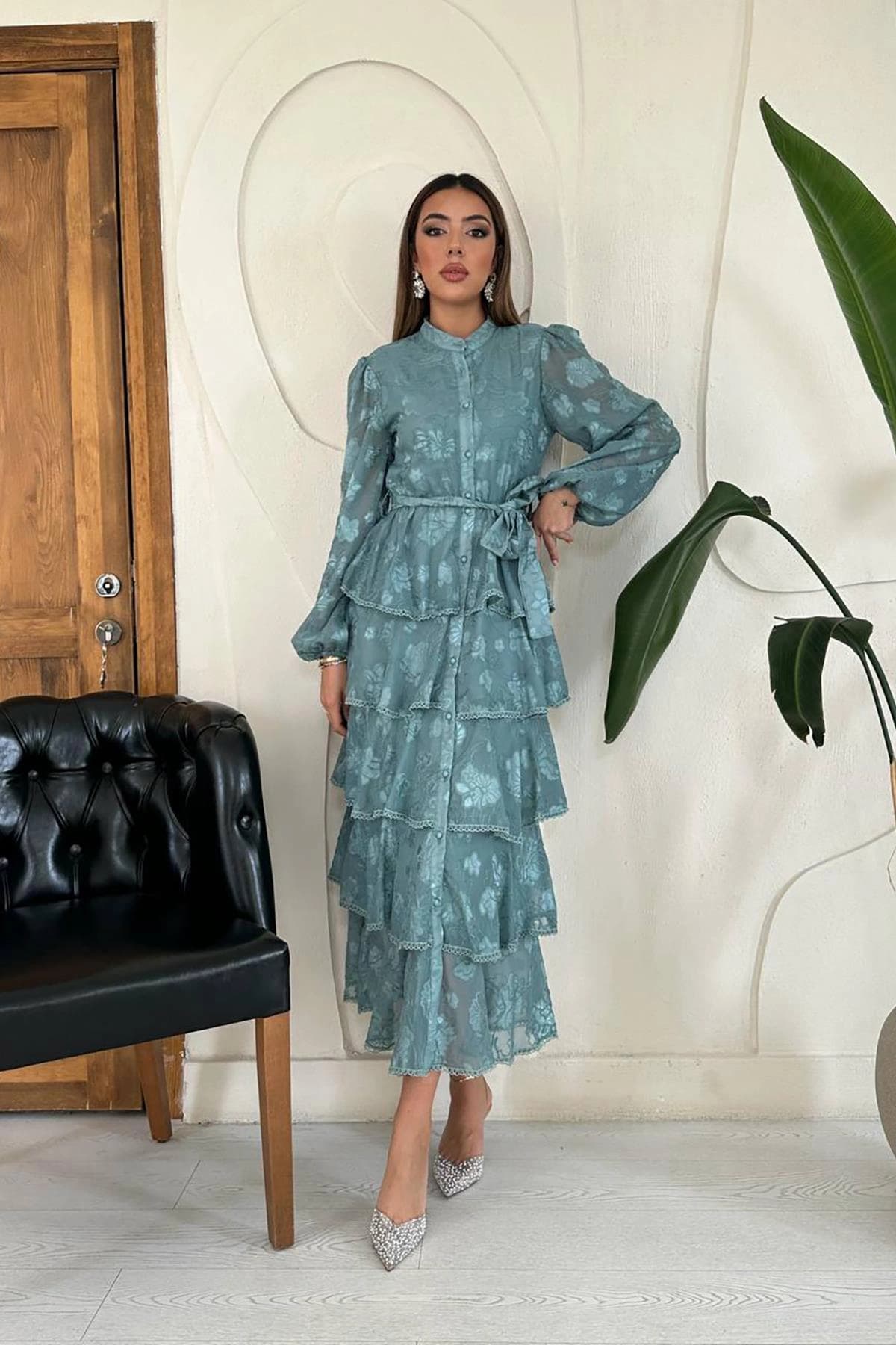 Sage Green Floral Maxi Dress Long Sleeve Tiered Boho Chiffon Button Front Lace Trim Wedding Guest Dress - görsel 4