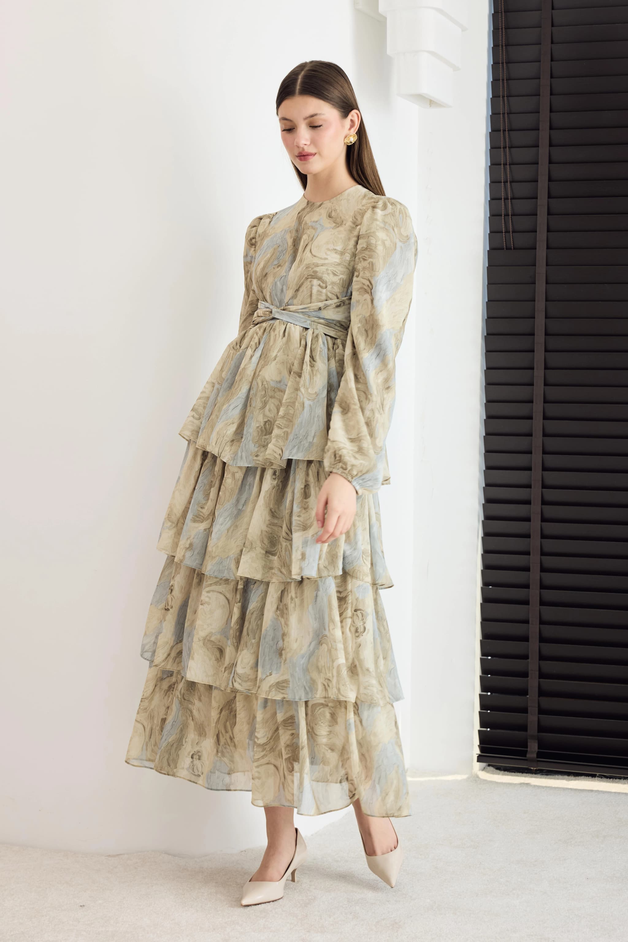 Sage Green Tiered Floral Maxi Dress detailed view 5