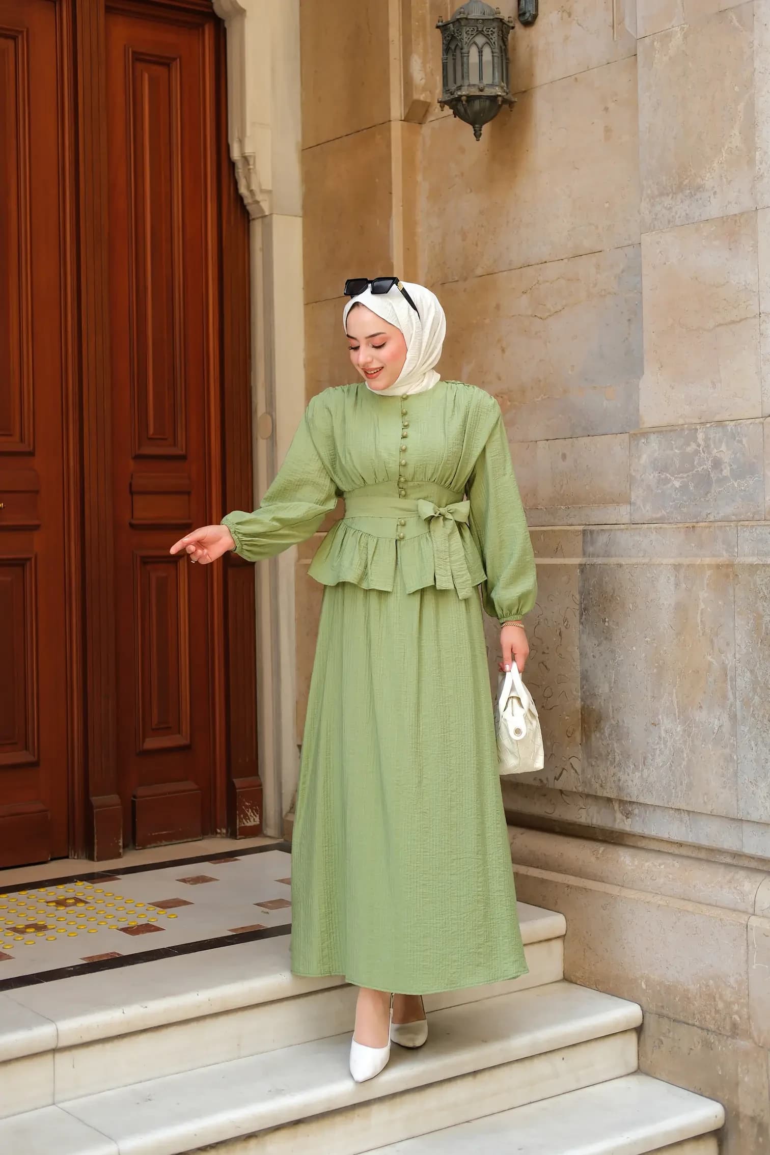 Sage Green Two Piece Corset Abaya Set Modest Islamic Dress Hijab Friendly Long Sleeve Muslim Outfit Maxi Skirt detailed view 3