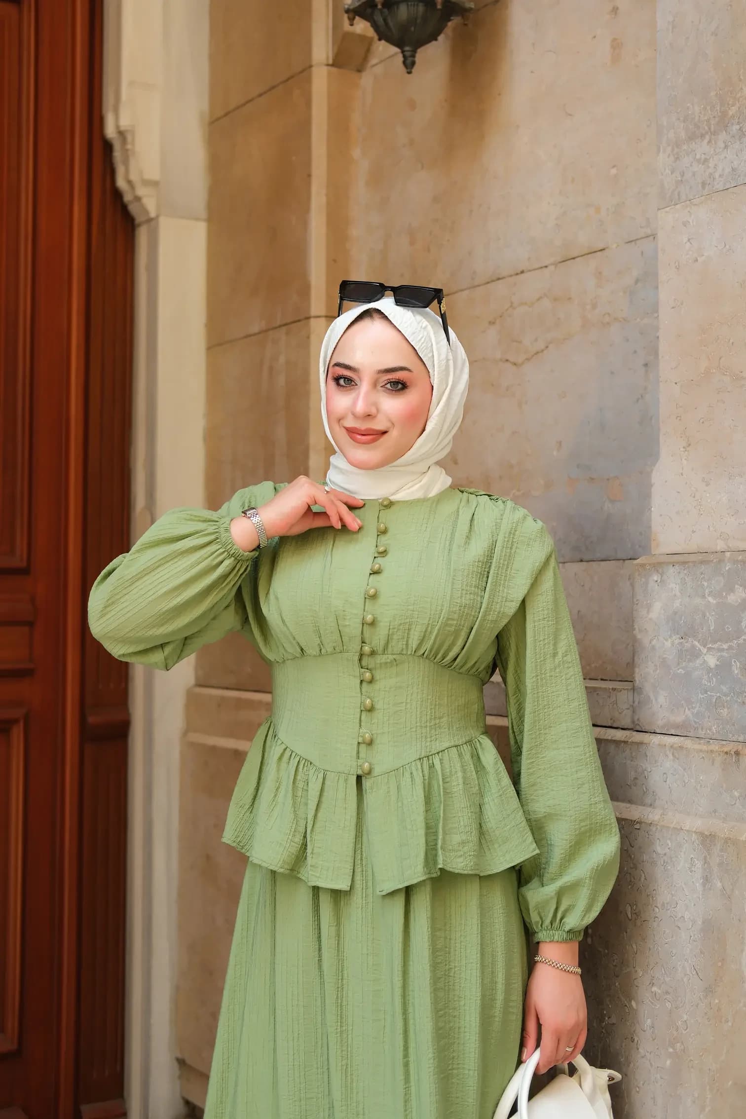 Sage Green Two Piece Corset Abaya Set Modest Islamic Dress Hijab Friendly Long Sleeve Muslim Outfit Maxi Skirt detailed view 2