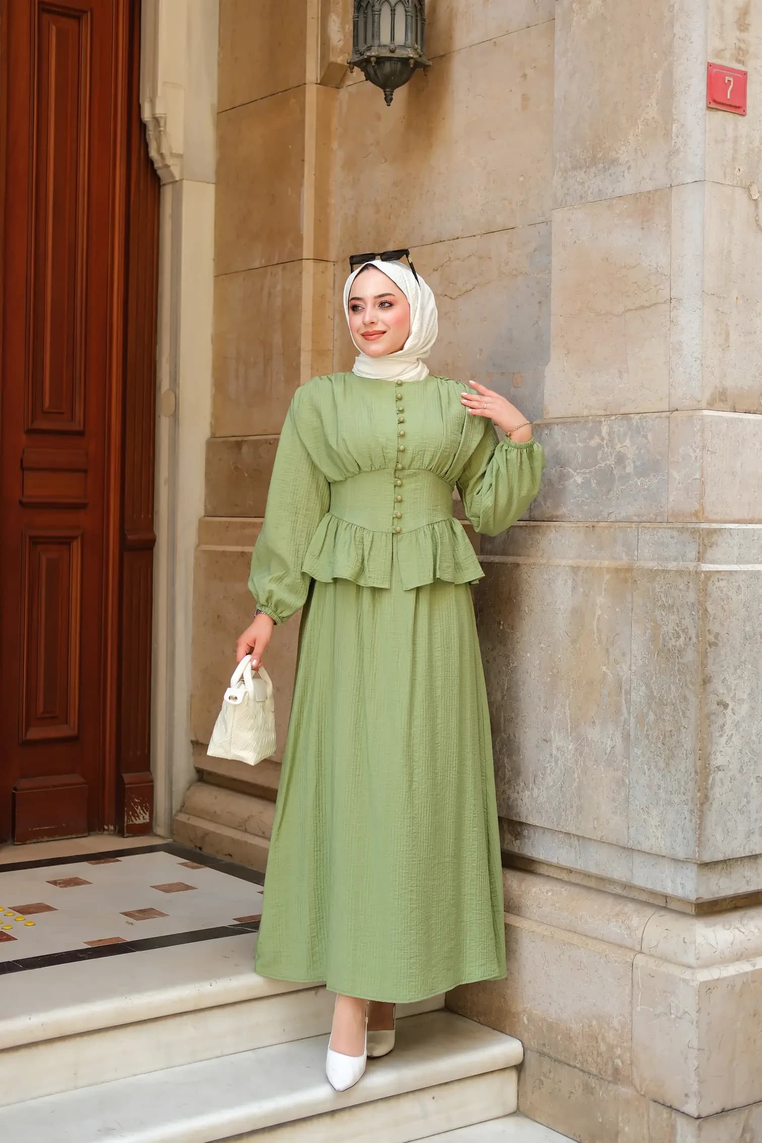 Sage Green Two Piece Corset Abaya Set Modest Islamic Dress Hijab Friendly Long Sleeve Muslim Outfit Maxi Skirt