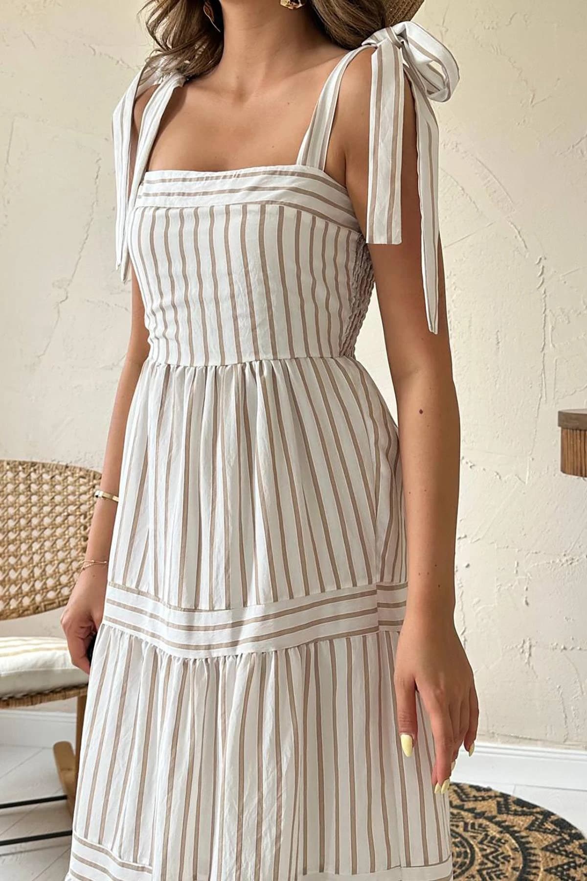 Striped Midi Dress Tie Shoulder Straps Smocked Bodice Tiered Summer Boho Dress Women Casual Vacation Dress