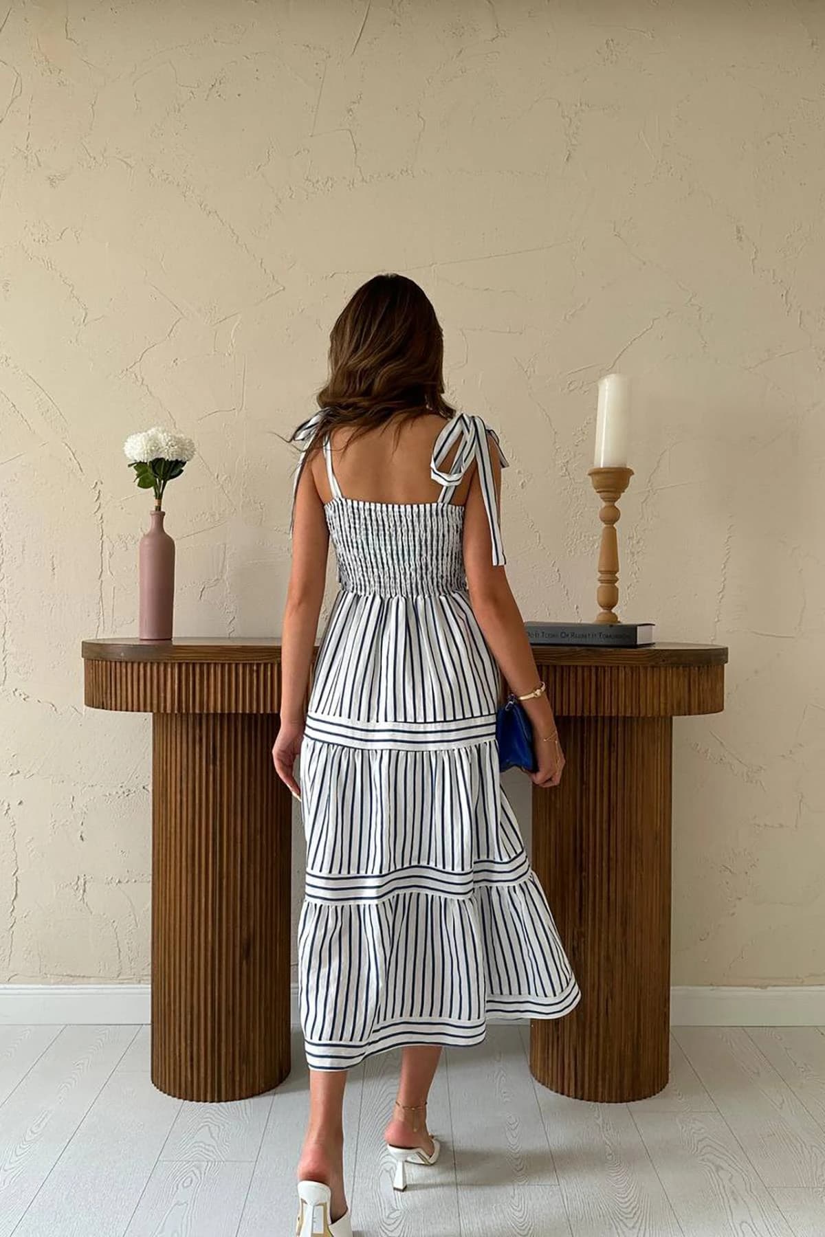 Striped Midi Dress Tie Shoulder Straps Tiered Summer Dress Navy White Wedding Guest Dress Cotton Casual detailed view 4