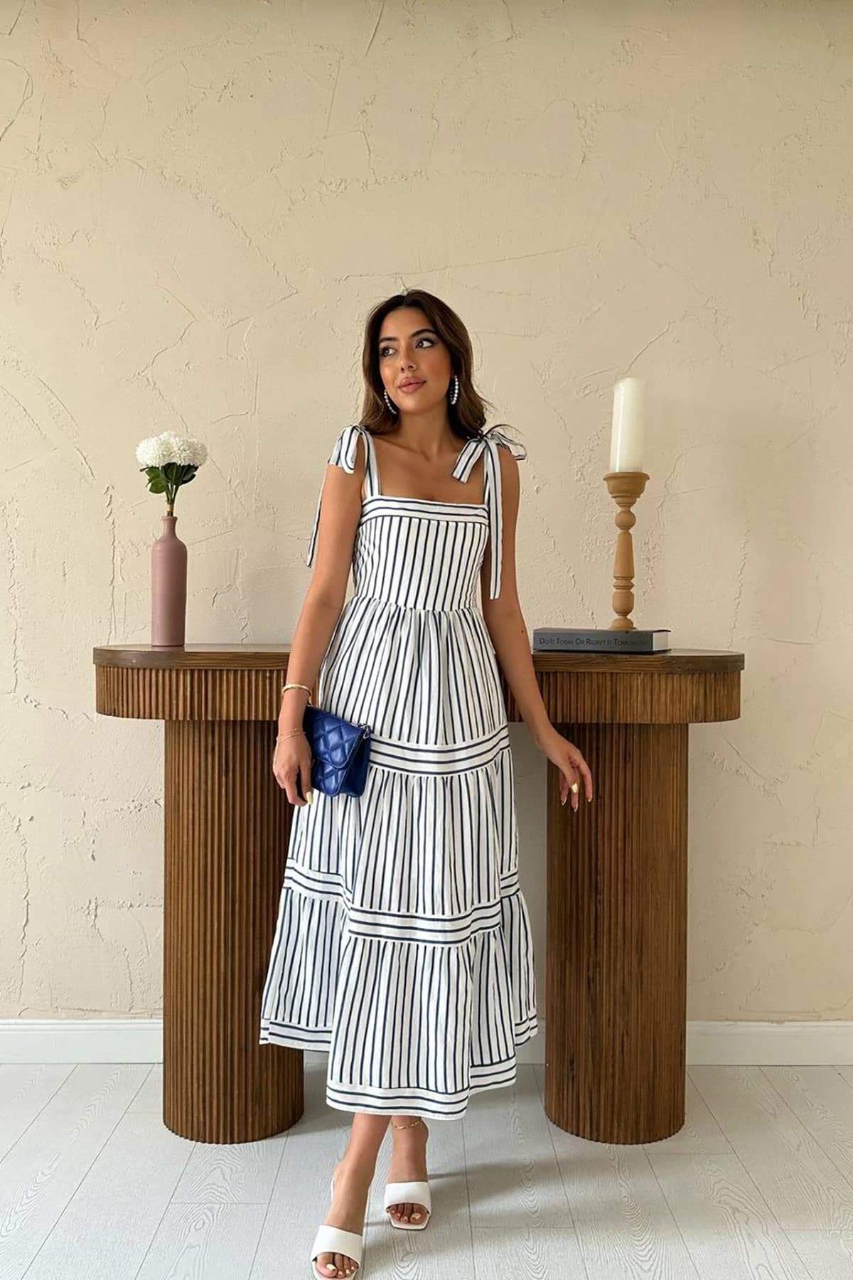 Striped Midi Dress Tie Shoulder Straps Tiered Summer Dress Navy White Wedding Guest Dress Cotton Casual detailed view 2