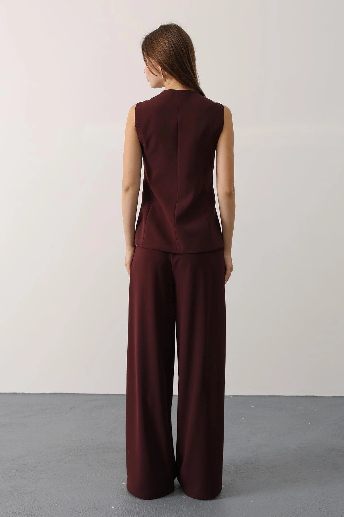 Tailored Burgundy Vest & Wide Leg Pants Set, Chic 70s Inspired Suit - görsel 7