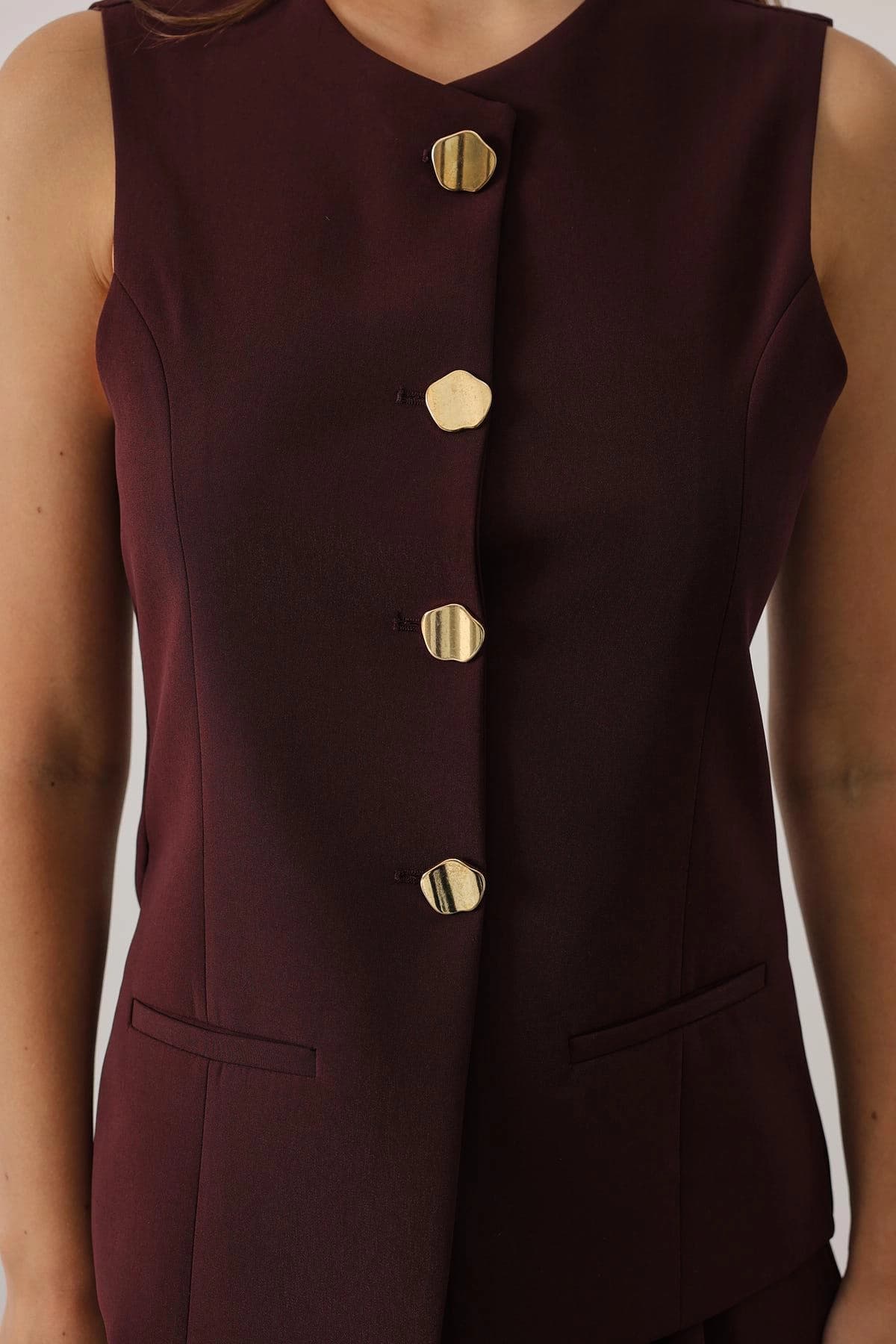 Tailored Burgundy Vest & Wide Leg Pants Set, Chic 70s Inspired Suit - görsel 3