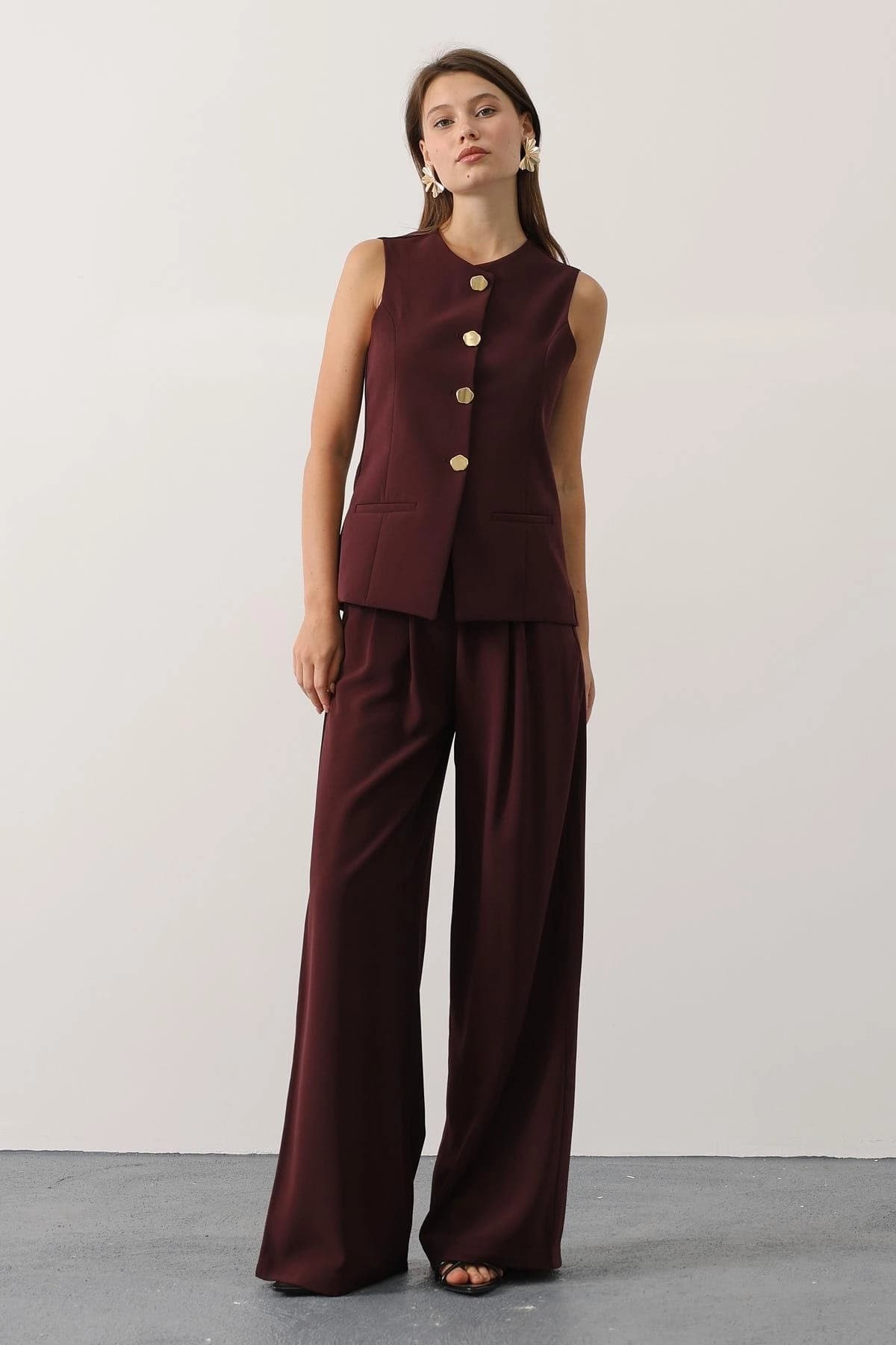 Tailored Burgundy Vest & Wide Leg Pants Set, Chic 70s Inspired Suit - görsel 5
