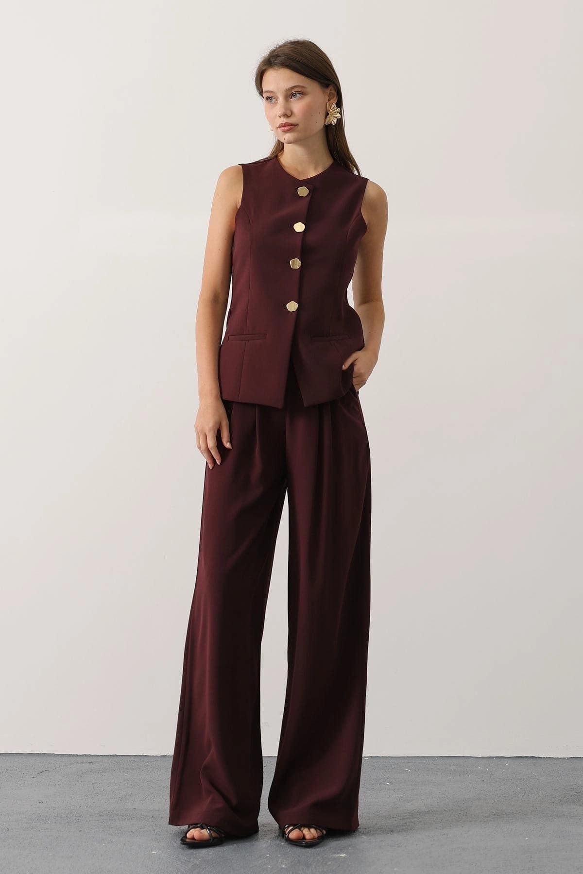 Tailored Burgundy Vest & Wide Leg Pants Set, Chic 70s Inspired Suit - görsel 8