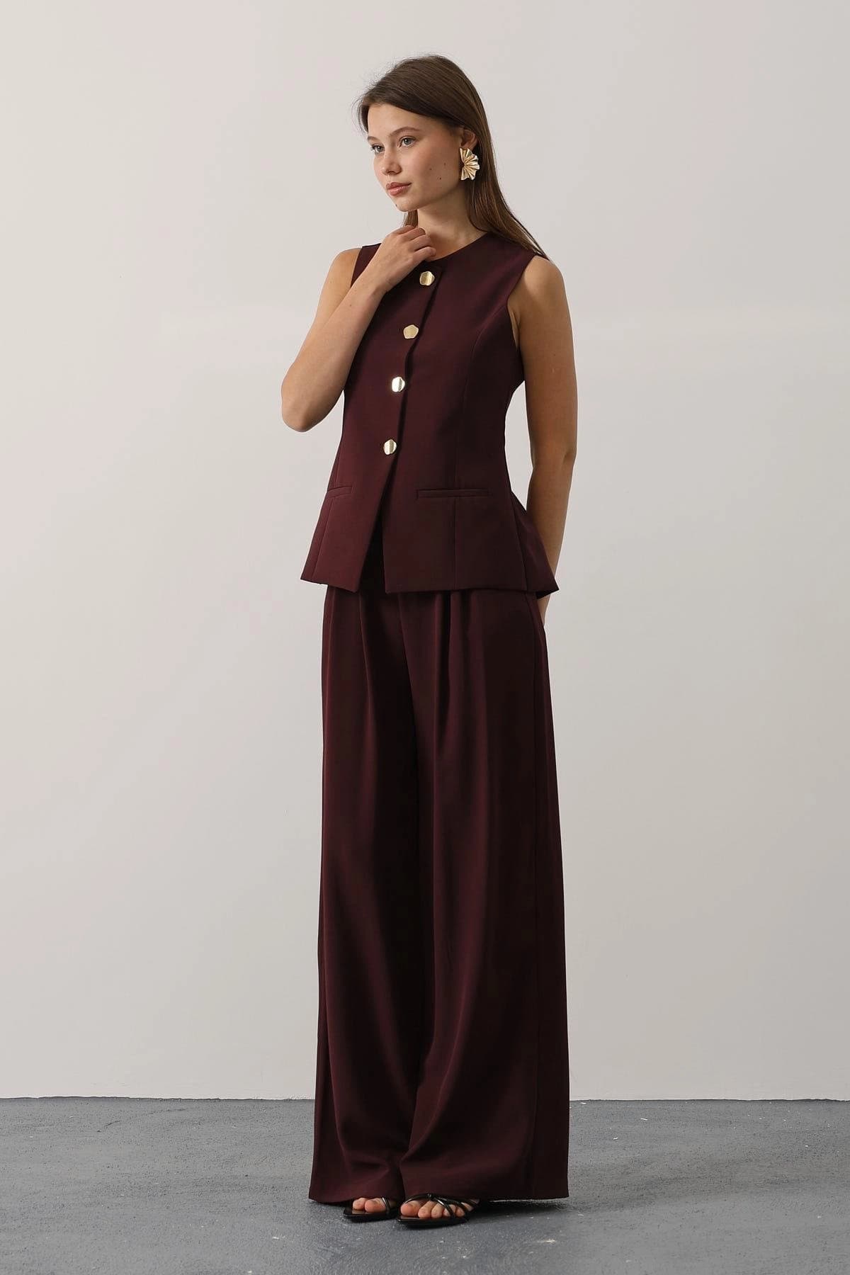 Tailored Burgundy Vest & Wide Leg Pants Set, Chic 70s Inspired Suit - görsel 6