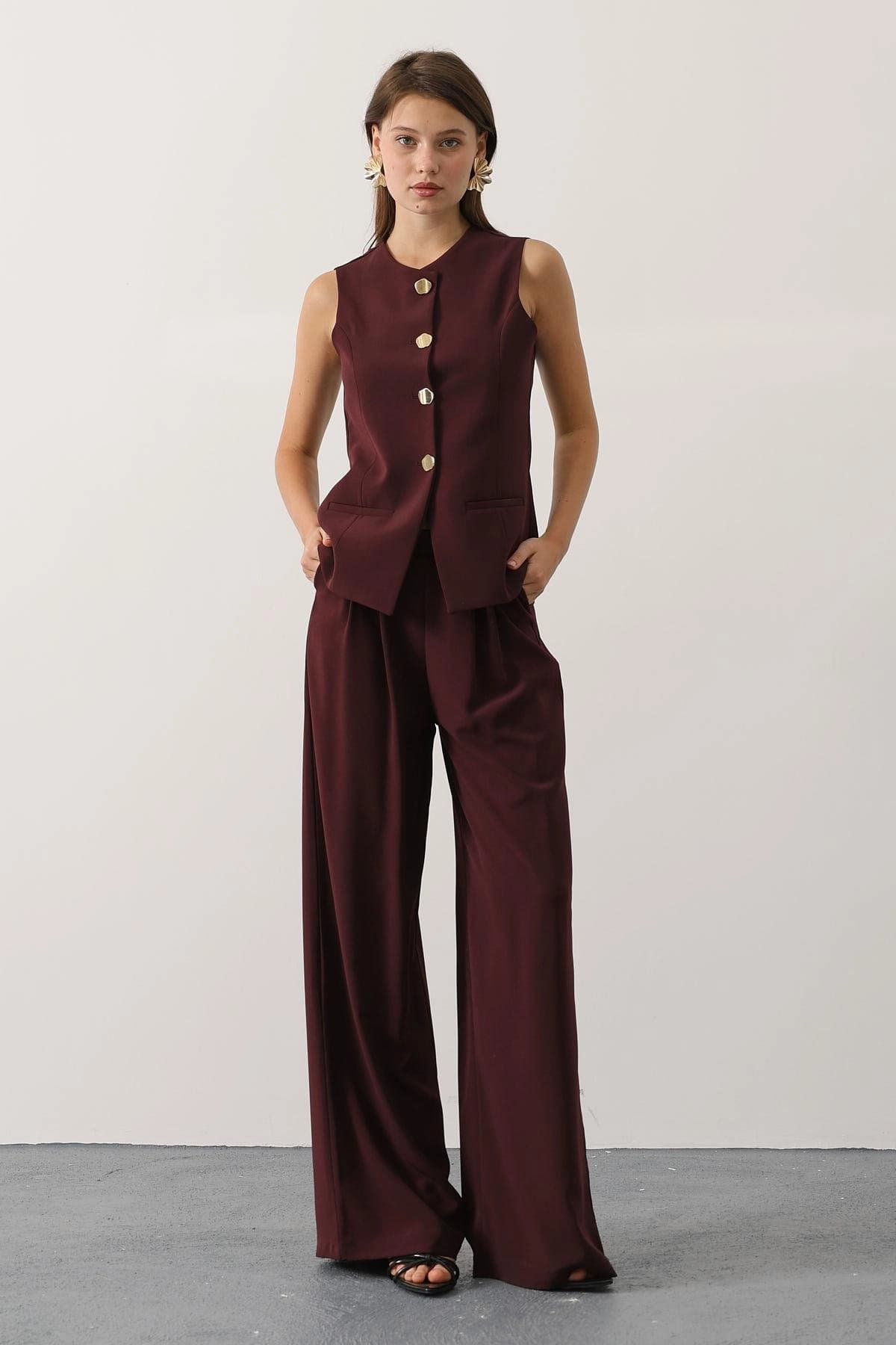 Tailored Burgundy Vest & Wide Leg Pants Set, Chic 70s Inspired Suit - ana görsel