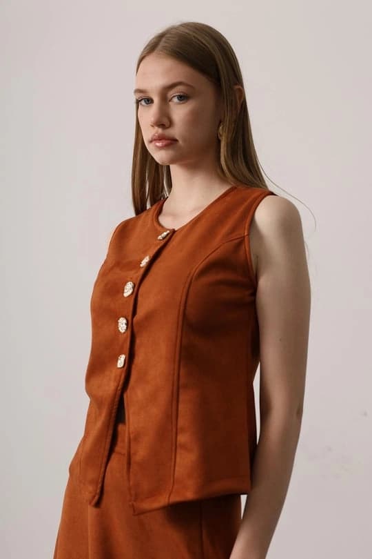 Tailored Faux Suede Vest | Burnt Orange Sleeveless Top | Vintage 70s Chic - görsel 1
