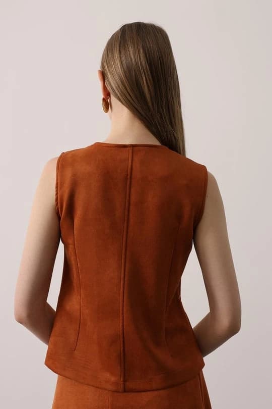 Tailored Faux Suede Vest | Burnt Orange Sleeveless Top | Vintage 70s Chic - görsel 2
