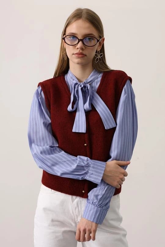 Tie Neck Pinstripe Shirt | Sweater Vest Blouse | Maroon Knit Top | Vintage Button Up - görsel 1