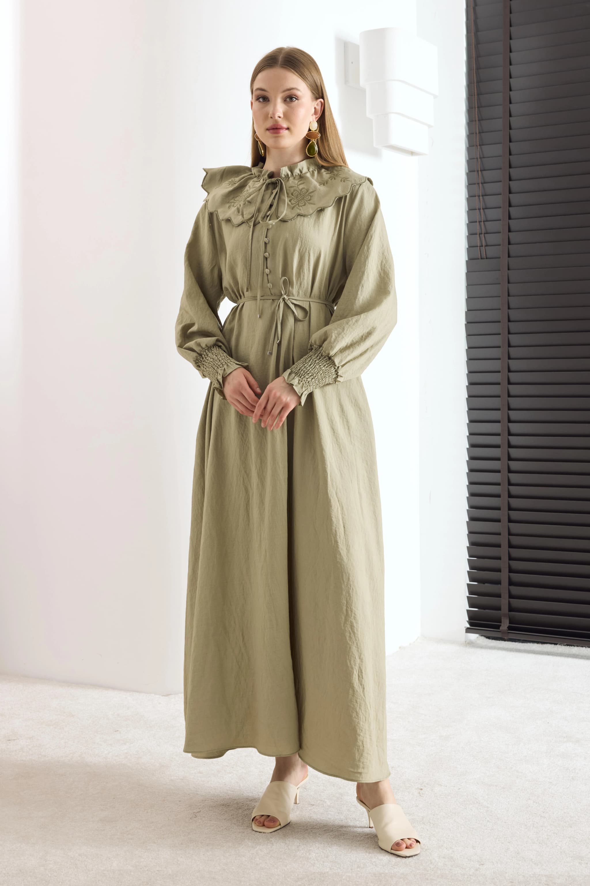 Victorian Sage Green Prairie Dress detailed view 3