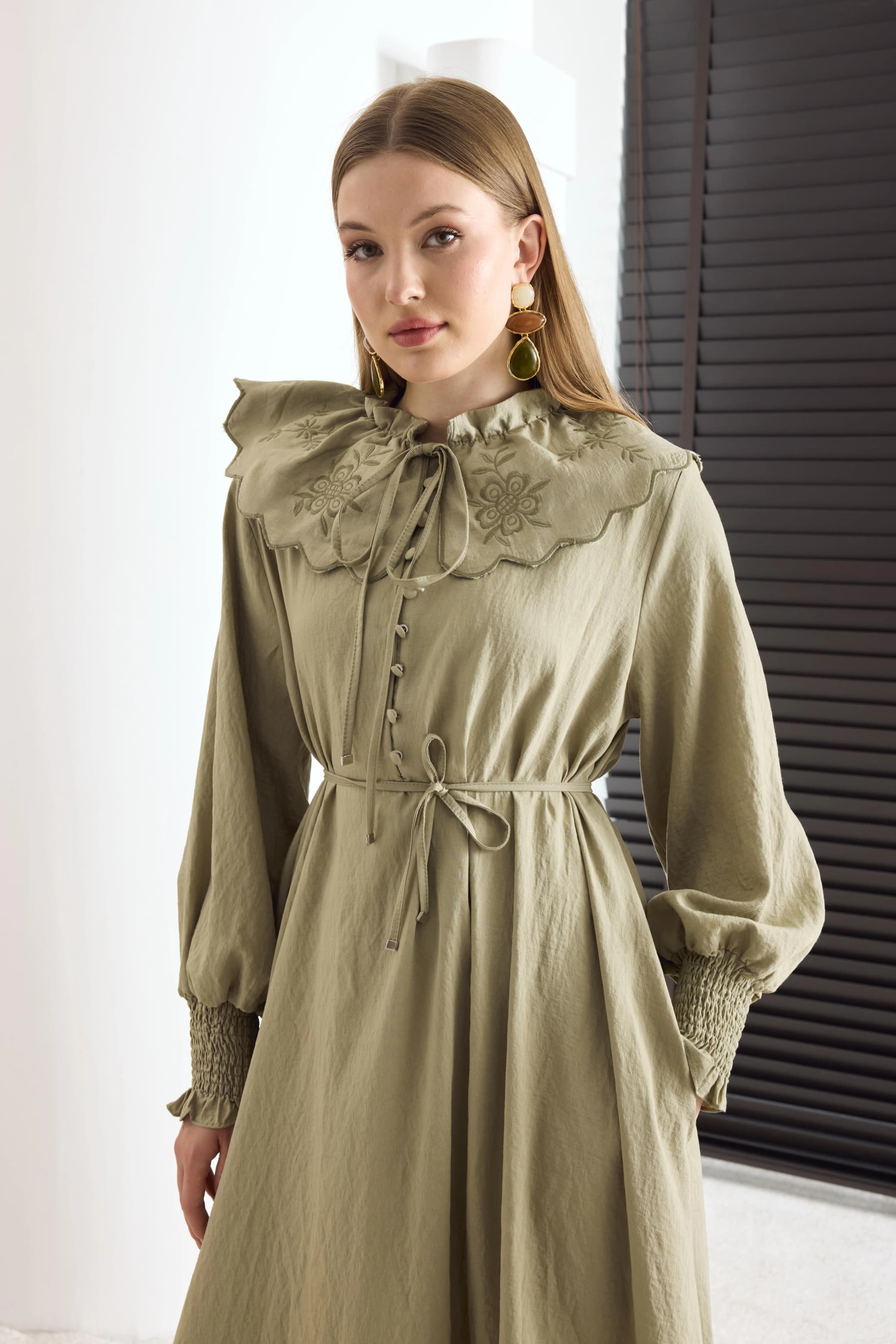 Victorian Sage Green Prairie Dress detailed view 2