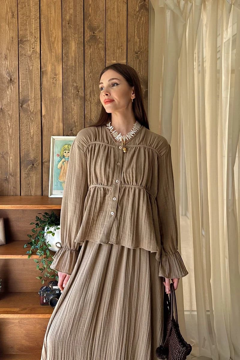 Vintage-Inspired Muslin Set - Smocked Blouse & Tiered Balloon Maxi Skirt detailed view 2