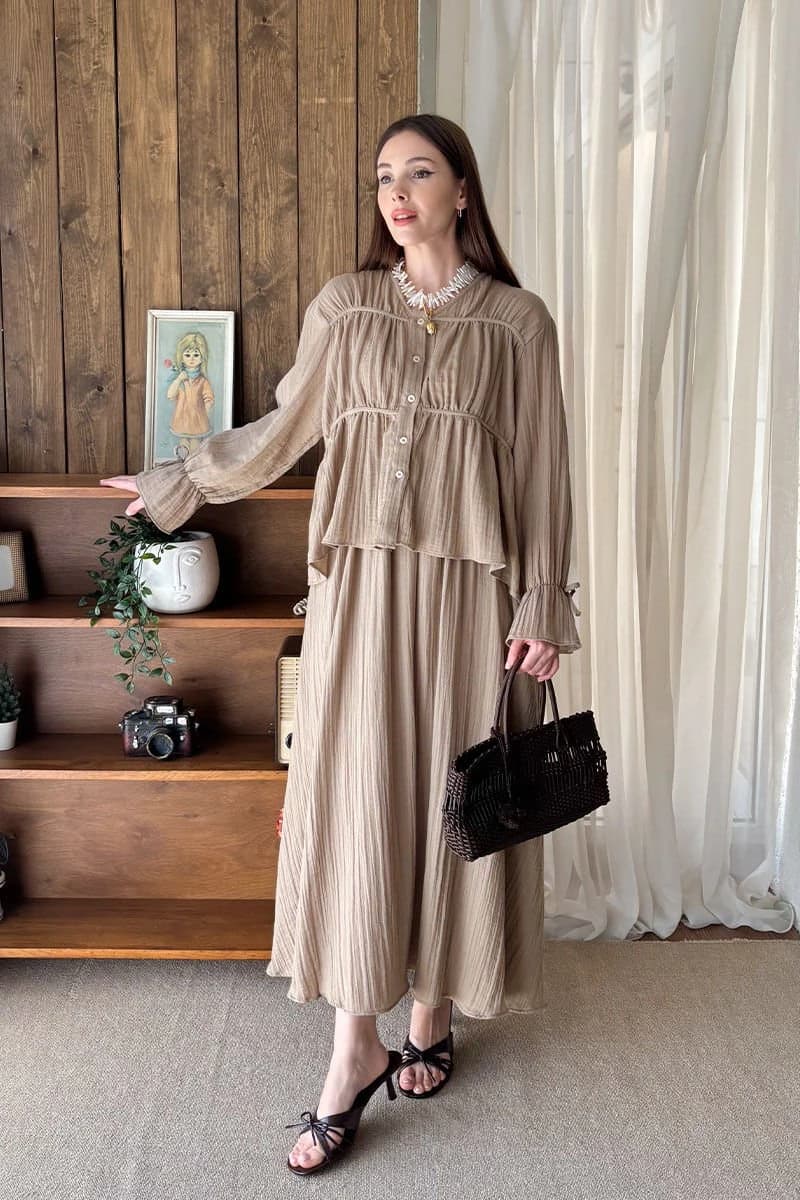 Vintage-Inspired Muslin Set - Smocked Blouse & Tiered Balloon Maxi Skirt