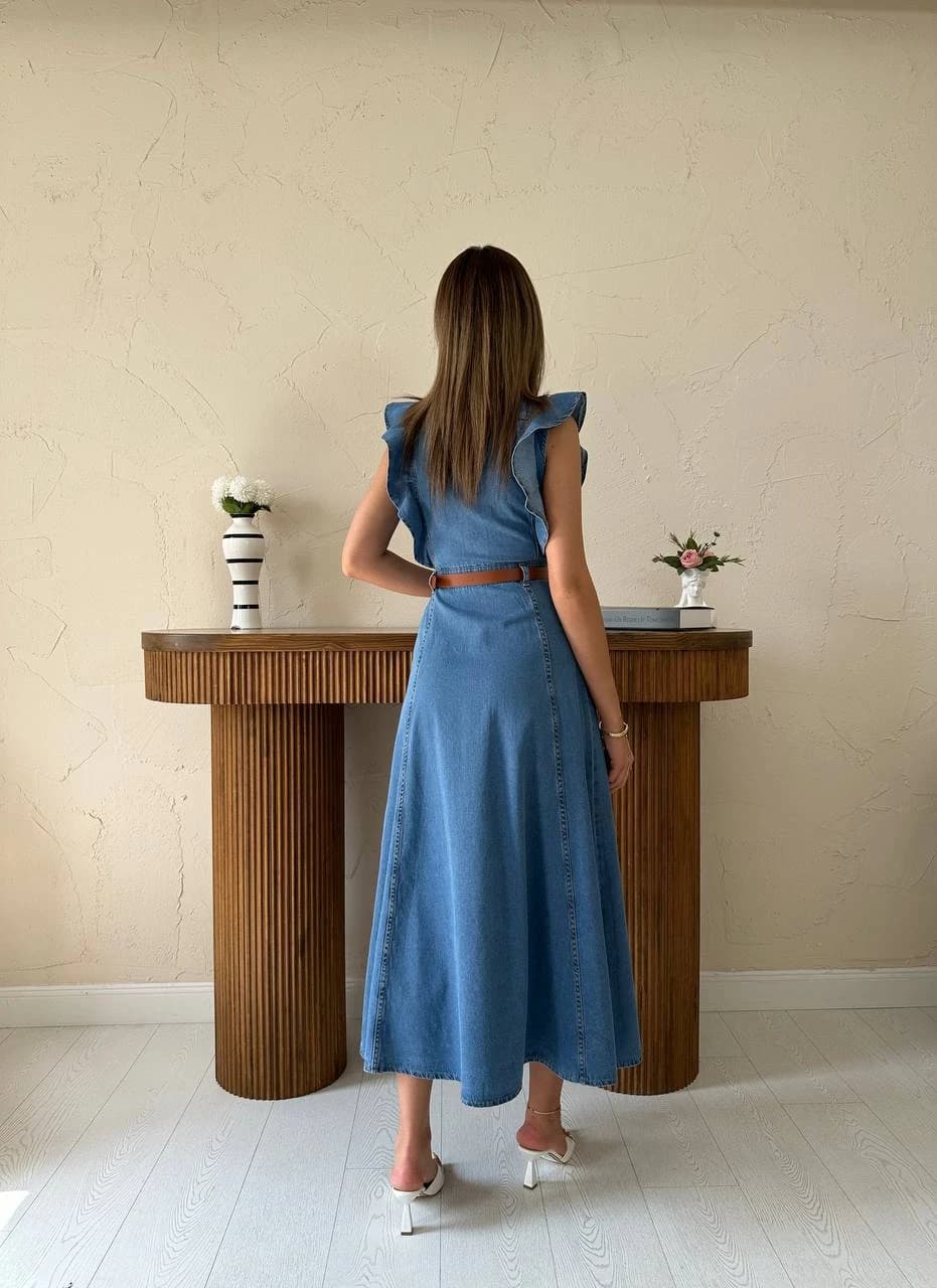 Vintage Style Denim Midi Dress | Women Button Front Sleeveless Summer Dress | Casual Belted Blue Jean Dress | Stylish Belted Jean Maxi Dress detailed view 4