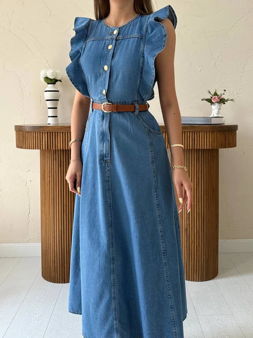 Vintage Style Denim Midi Dress | Women Button Front Sleeveless Summer Dress | Casual Belted Blue Jean Dress | Stylish Belted Jean Maxi Dress
