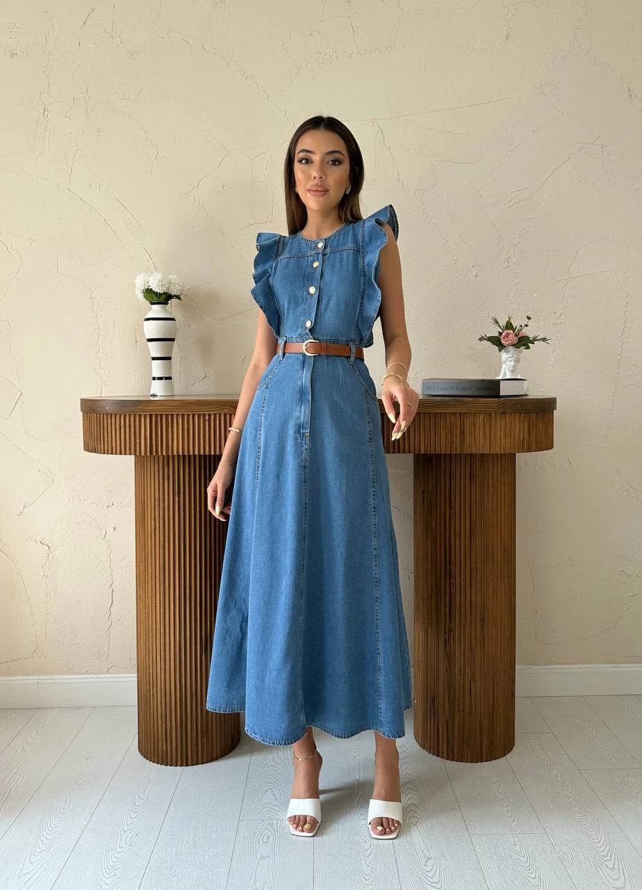 Vintage Style Denim Midi Dress | Women Button Front Sleeveless Summer Dress | Casual Belted Blue Jean Dress | Stylish Belted Jean Maxi Dress detailed view 3