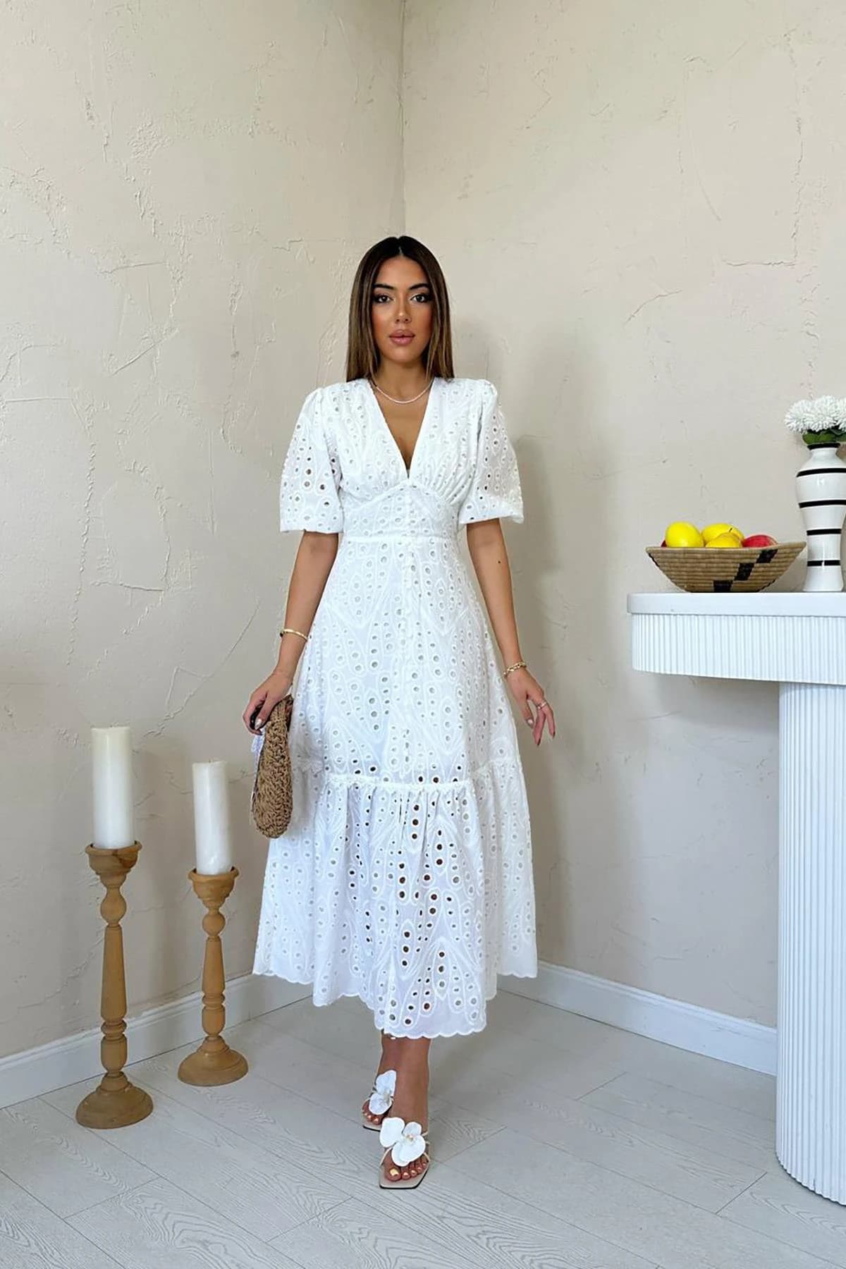 White Eyelet Midi Dress Boho V-Neck Short Sleeve Cotton Summer Dress Women Custom Embroidered Bohemian Dress detailed view 4