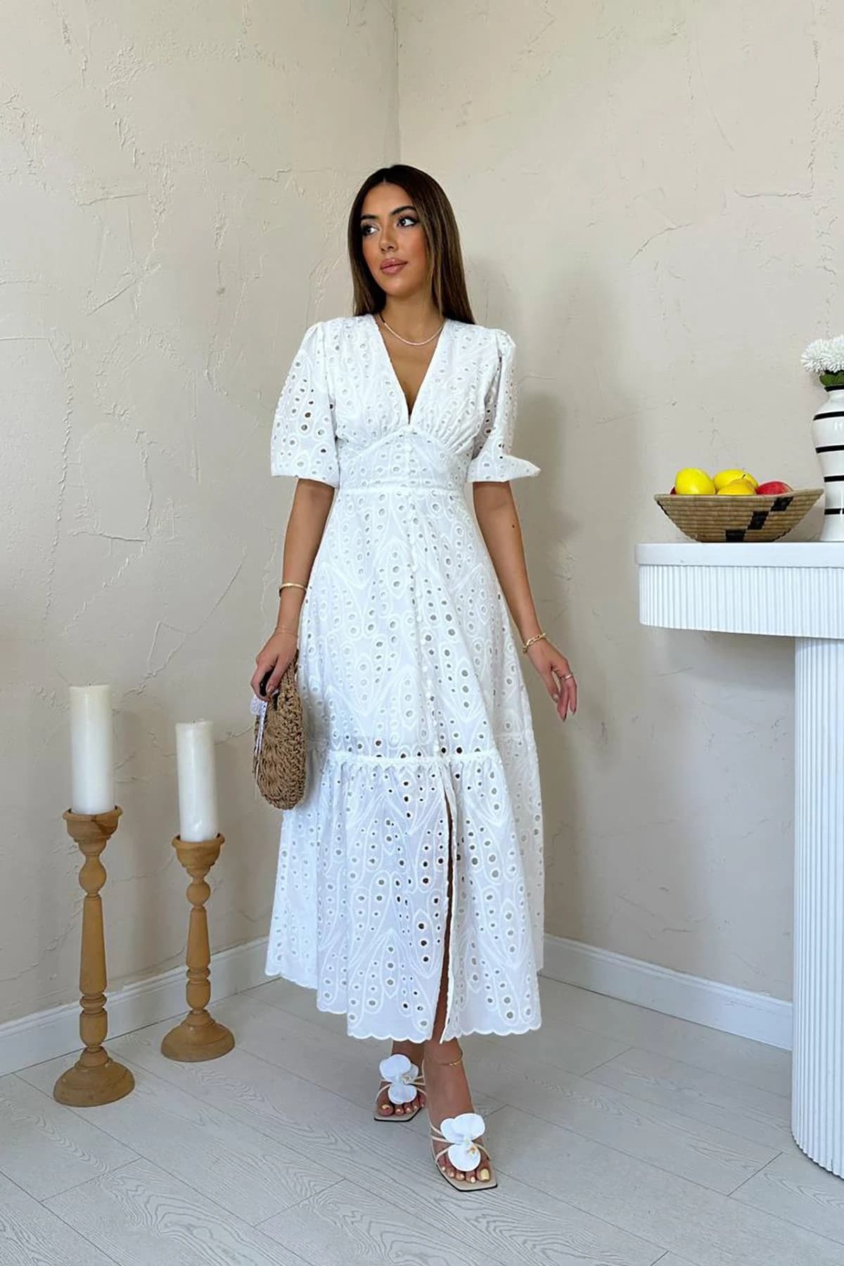 White Eyelet Midi Dress Boho V-Neck Short Sleeve Cotton Summer Dress Women Custom Embroidered Bohemian Dress detailed view 3