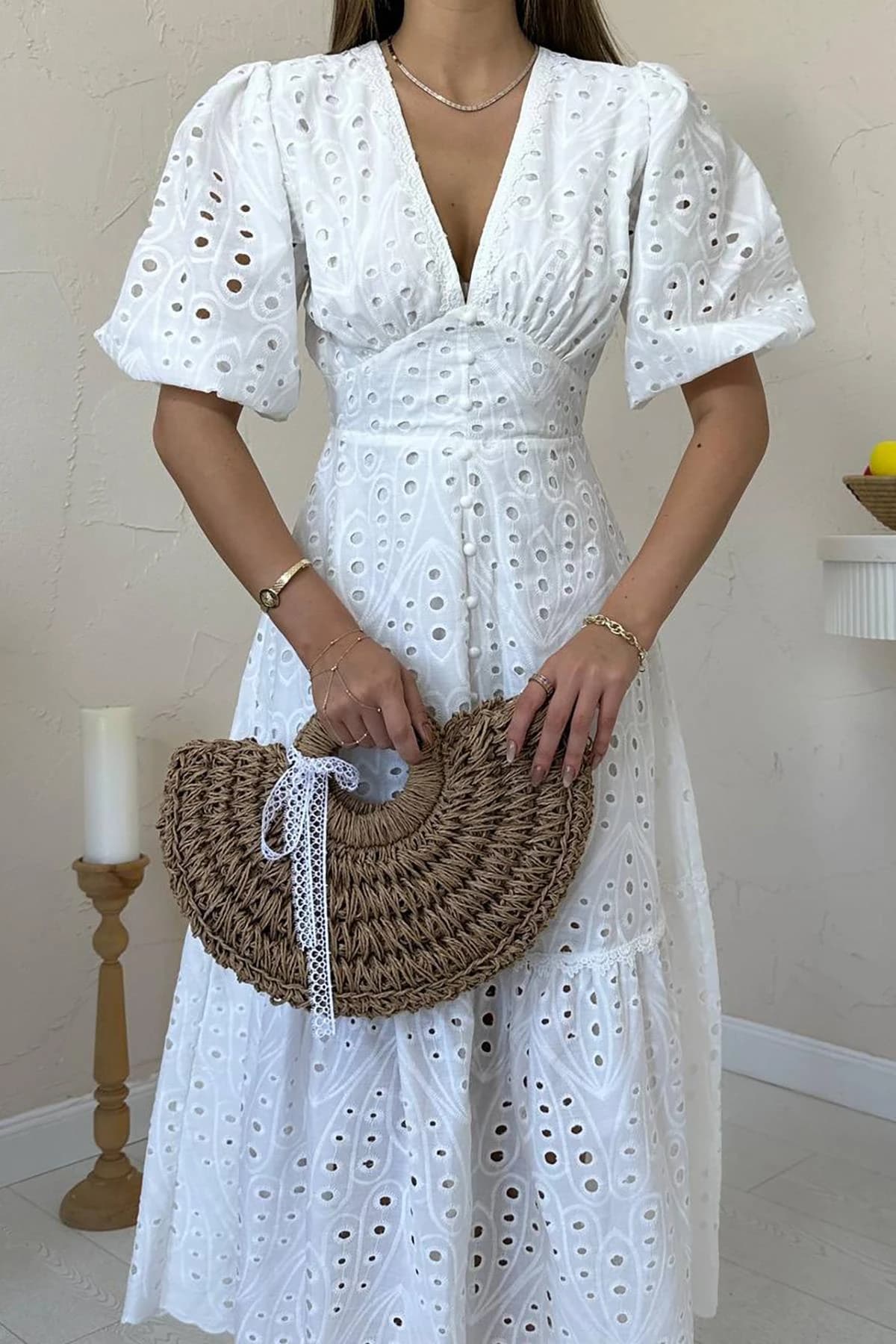 White Eyelet Midi Dress Boho V-Neck Short Sleeve Cotton Summer Dress Women Custom Embroidered Bohemian Dress